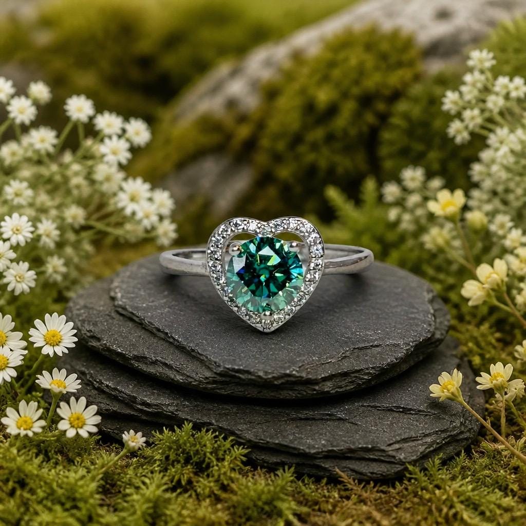 Green Moissanite Ring, Round Stone Open Heart CZ - Adjustable 925 Sterling Silver Celtic Dragon Jewellery