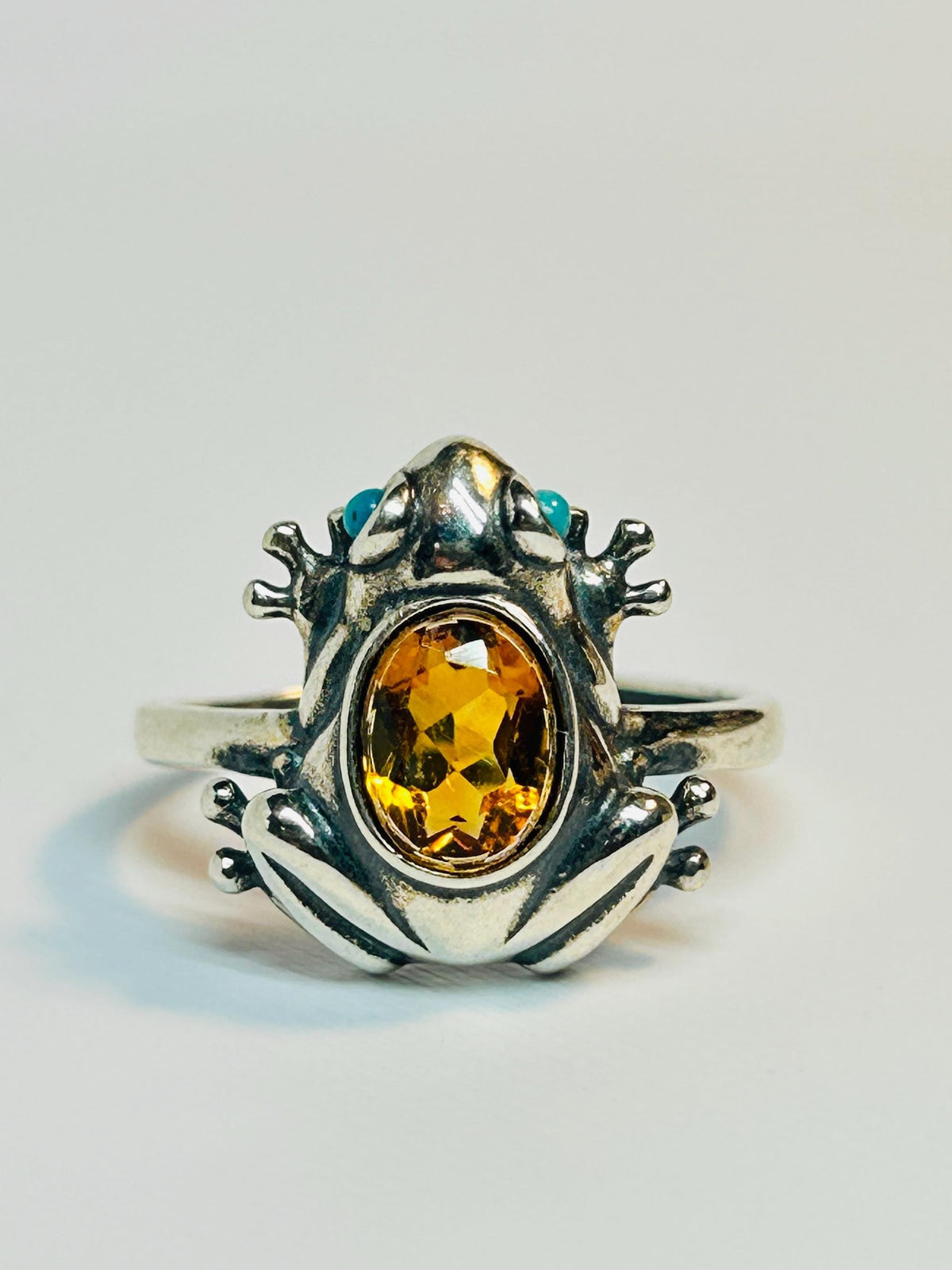 Citrine Frog Ring, 925 Sterling Silver with Turquoise Eyes - Adjustable Band Celtic Dragon Jewellery