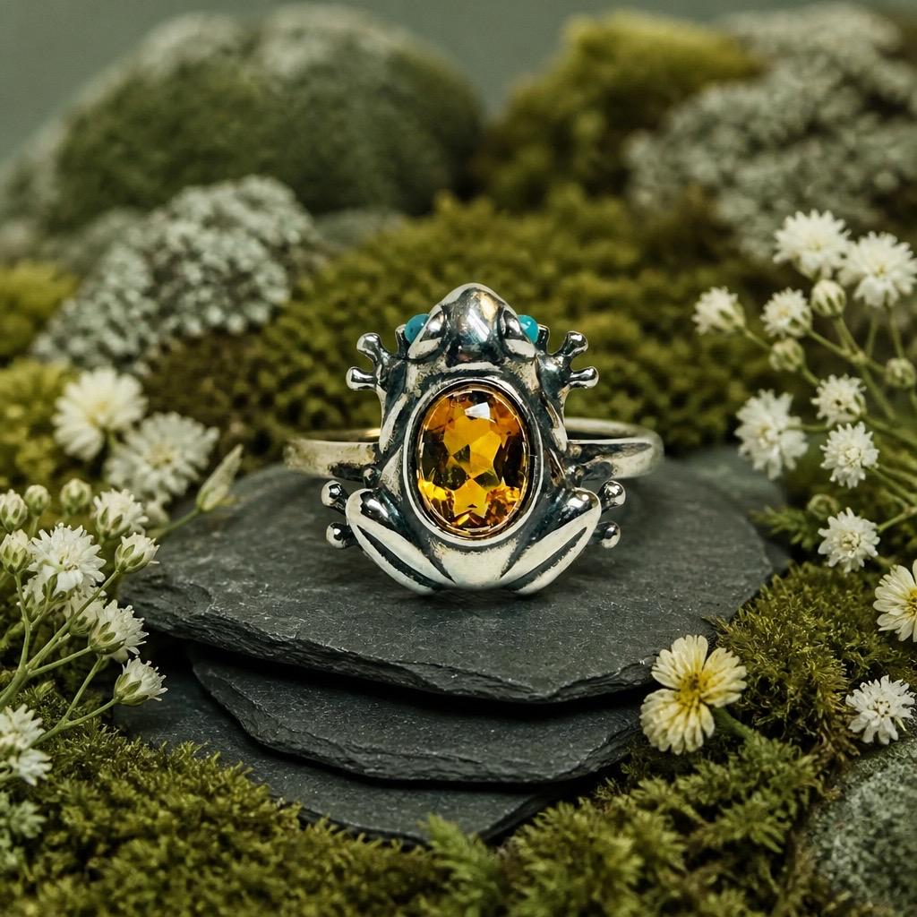 Citrine Frog Ring, 925 Sterling Silver with Turquoise Eyes - Adjustable Band Celtic Dragon Jewellery