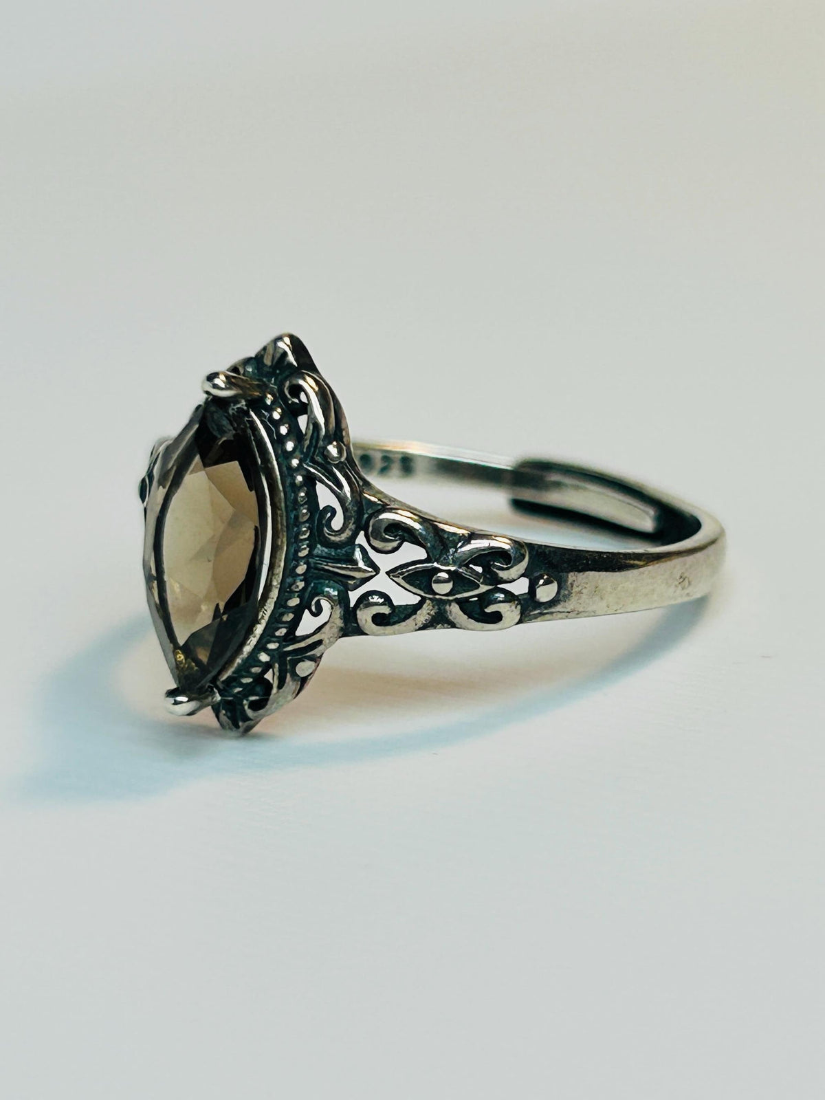 Smoky Quartz Marquise Ring in 925 Sterling Silver - Adjustable Victorian Style Jewellery Celtic Dragon Jewellery