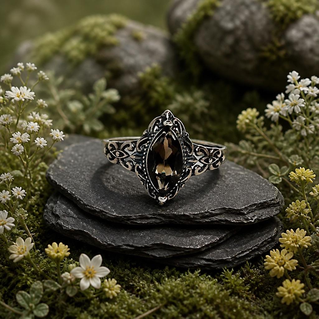 Smoky Quartz Marquise Ring in 925 Sterling Silver - Adjustable Victorian Style Jewellery Celtic Dragon Jewellery