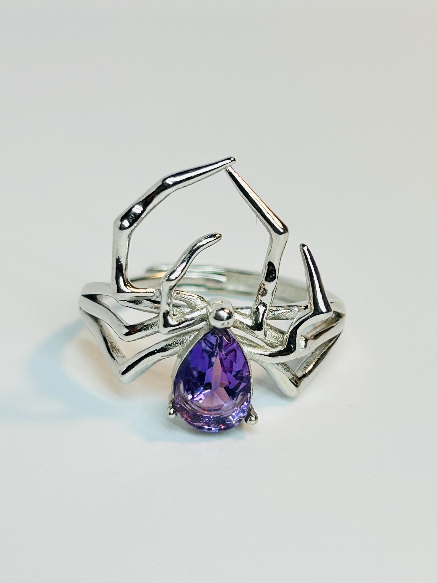 Spider Ring with Amethyst in 925 Sterling Silver & Adjustable Band Celtic Dragon Jewellery