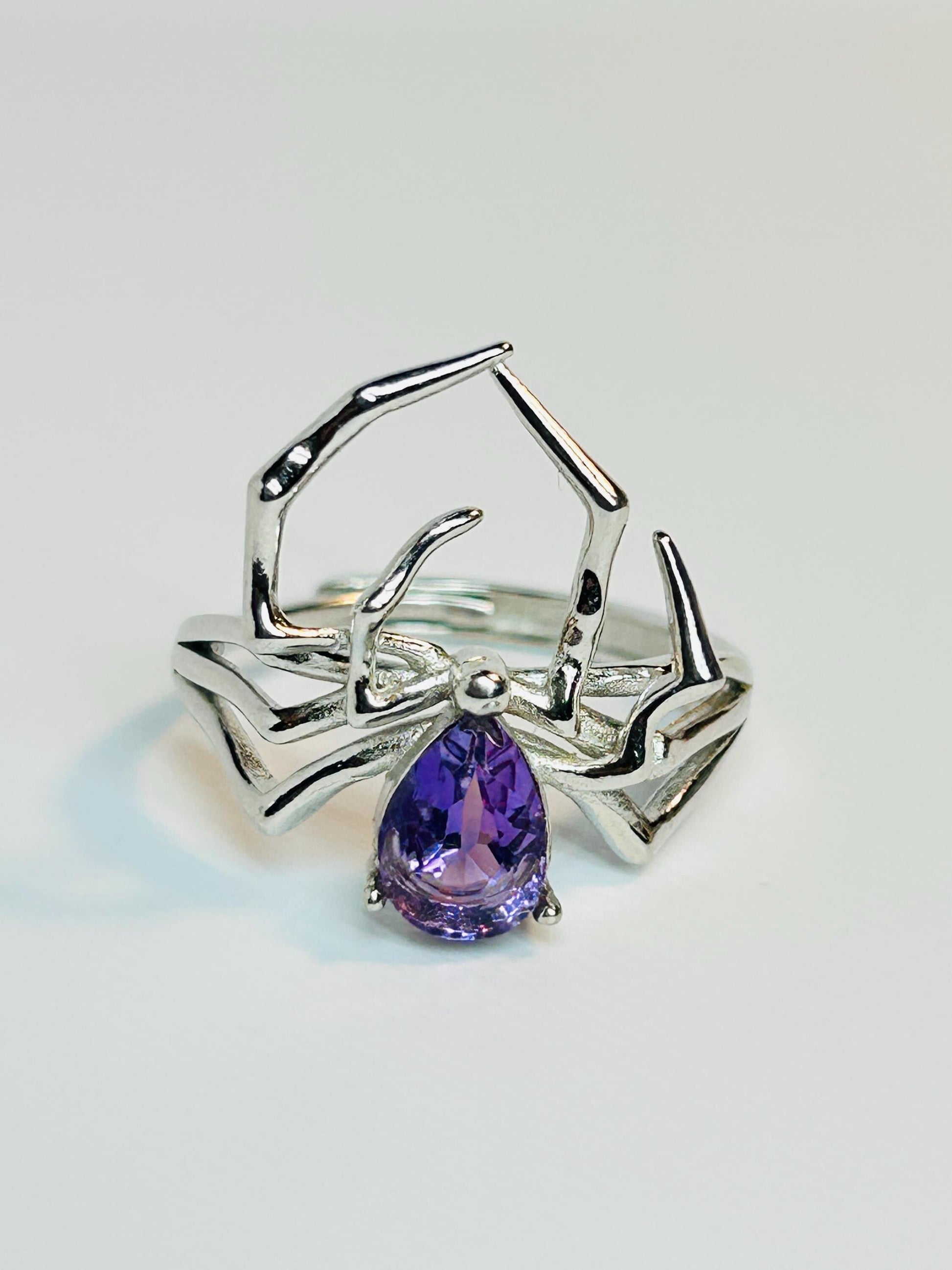 Spider Ring with Amethyst in 925 Sterling Silver & Adjustable Band Celtic Dragon Jewellery