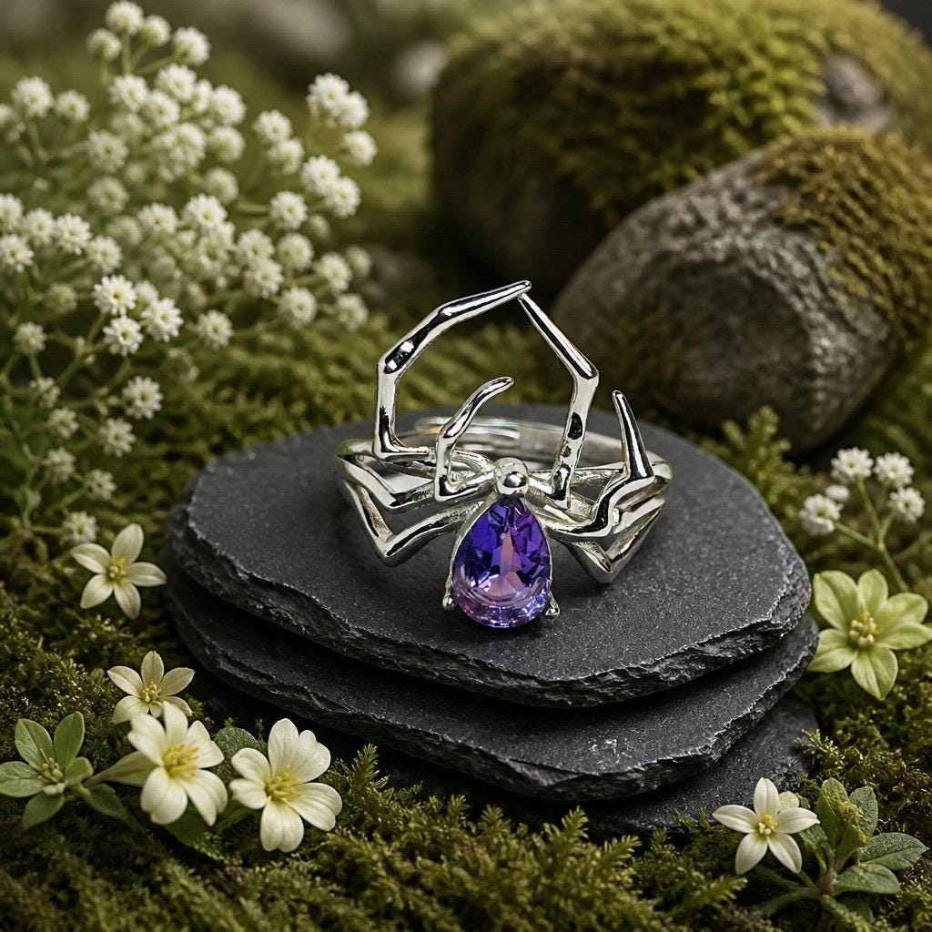 Spider Ring with Amethyst in 925 Sterling Silver & Adjustable Band Celtic Dragon Jewellery