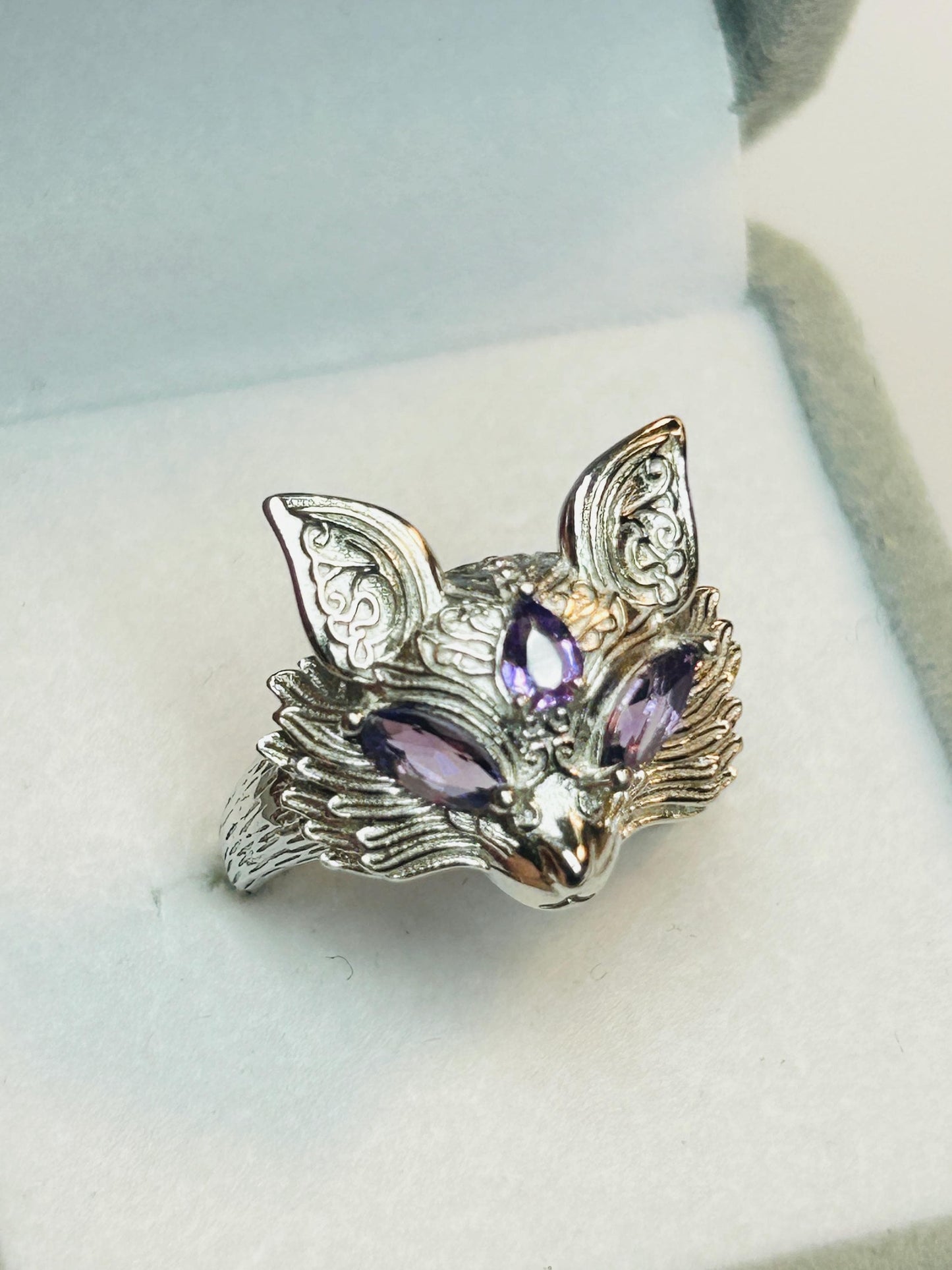 Fox Ring with Amethyst - 925 Sterling Silver - Adjustable Woodland Jewellery