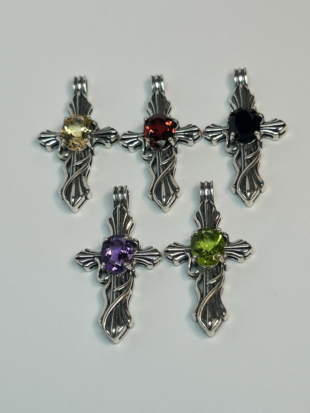 925 Silver Gothic Cross Pendant - Citrine, Garnet, Amethyst, Peridot, Spinel - Ornate Gemstone Jewellery Celtic Dragon Jewellery