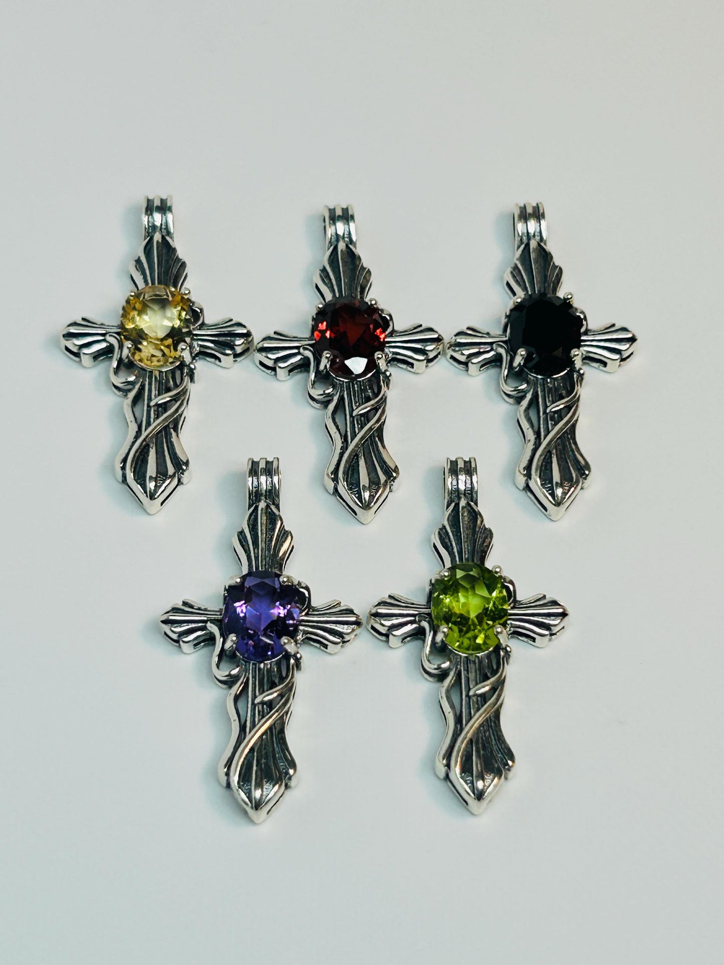 925 Silver Gothic Cross Pendant - Citrine, Garnet, Amethyst, Peridot, Spinel - Ornate Gemstone Jewellery