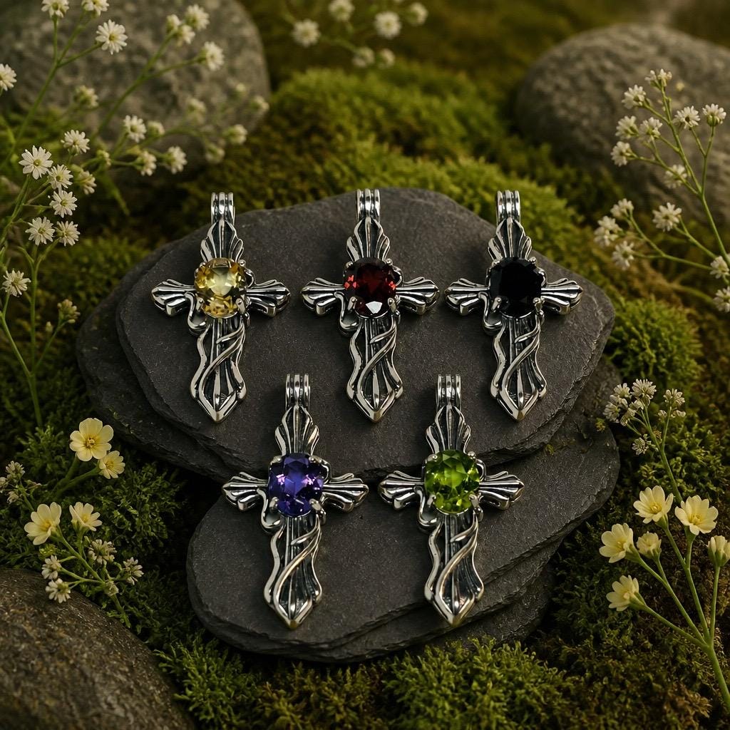 925 Silver Gothic Cross Pendant - Citrine, Garnet, Amethyst, Peridot, Spinel - Ornate Gemstone Jewellery Celtic Dragon Jewellery