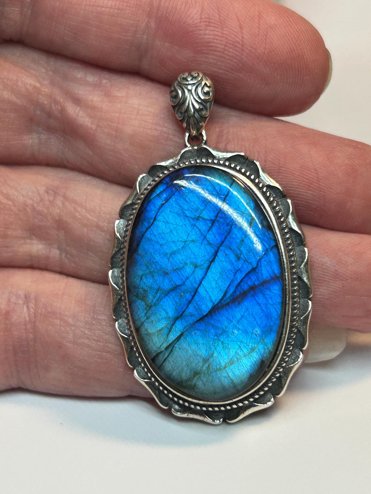Blue Flash Labradorite Pendant, 925 Sterling Silver - Large Oval Gemstone Statement Jewellery Celtic Dragon Jewellery