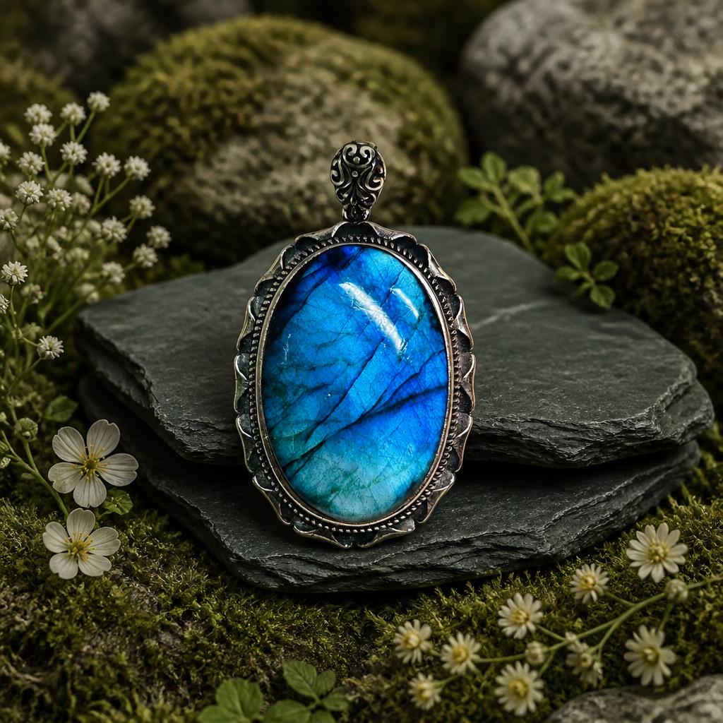 Blue Flash Labradorite Pendant, 925 Sterling Silver - Large Oval Gemstone Statement Jewellery Celtic Dragon Jewellery