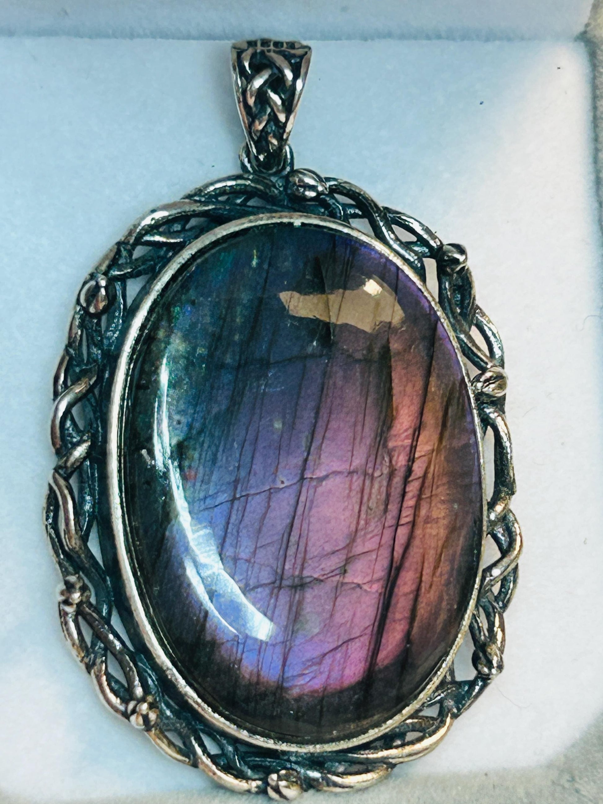 Purple Flash Labradorite Pendant, 925 Sterling Silver - Large Oval Gemstone Statement Jewellery Celtic Dragon Jewellery