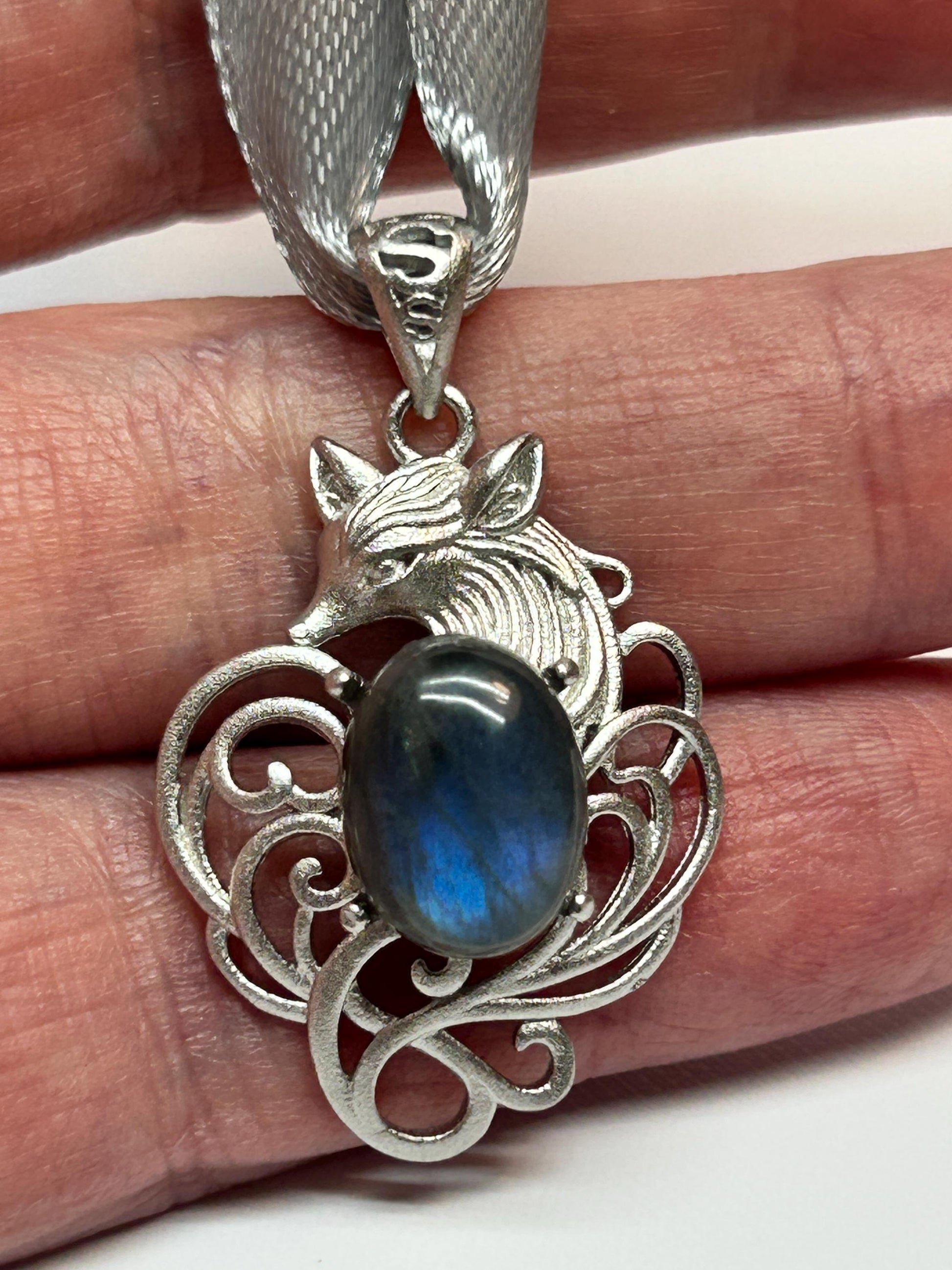 Blue Labradorite Nine Tailed Fox Pendant, 925 Sterling Silver Kitsune Fantasy Jewellery Celtic Dragon Jewellery