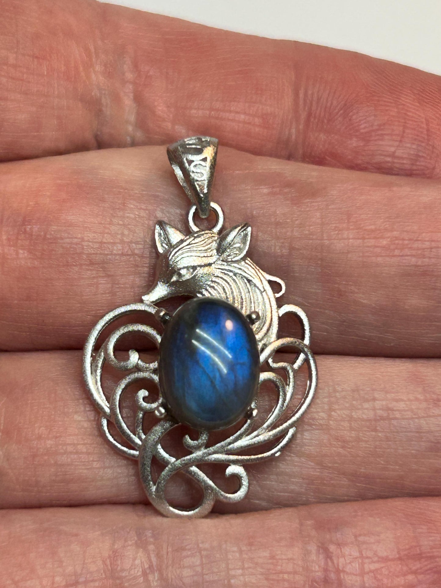 Blue Labradorite Nine Tailed Fox Pendant, 925 Sterling Silver Kitsune Fantasy Jewellery Celtic Dragon Jewellery