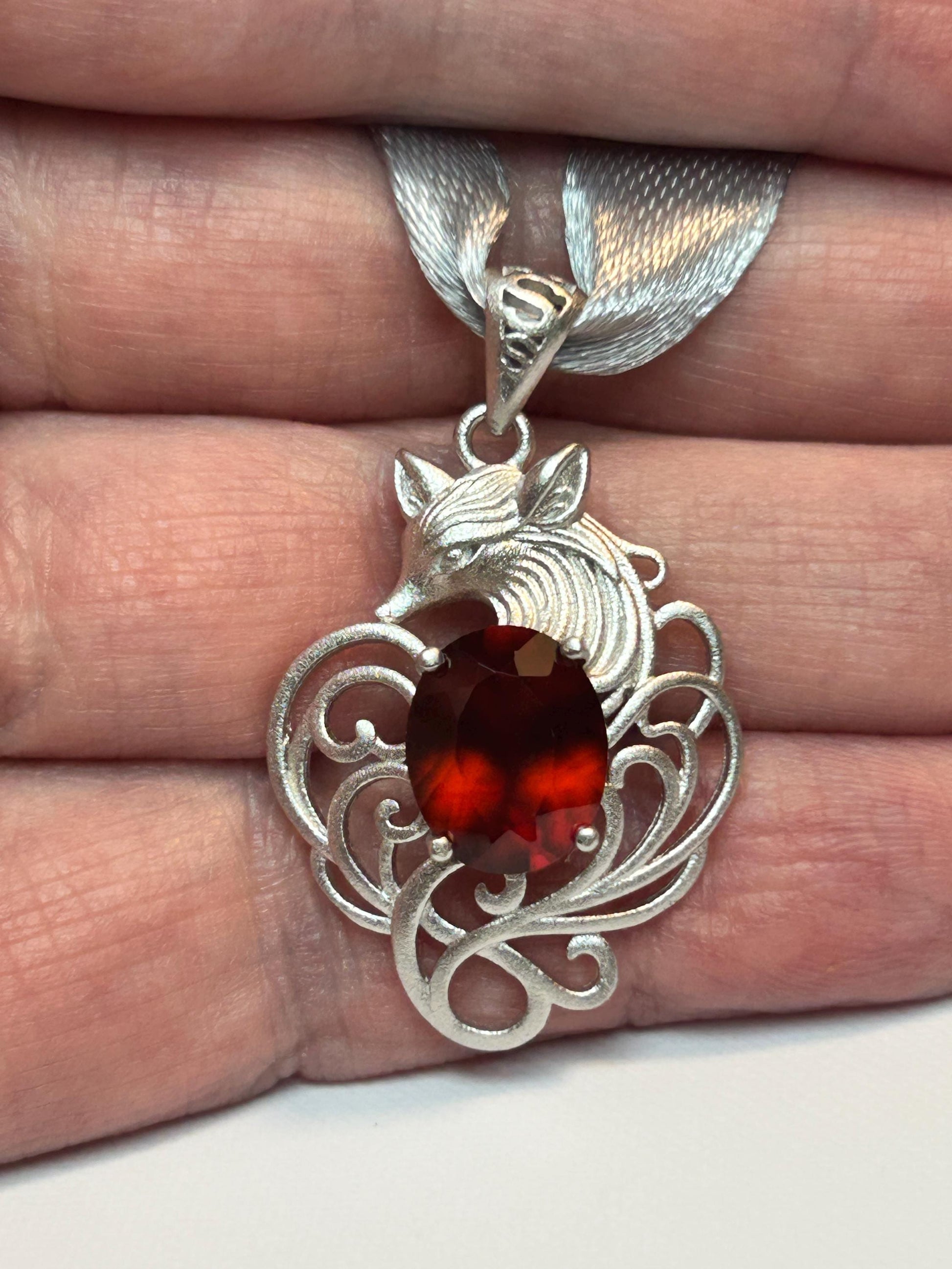 Garnet Nine Tailed Fox Pendant, 925 Sterling Silver Kitsune Fantasy Jewellery Celtic Dragon Jewellery