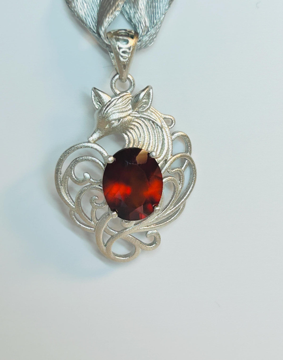 Garnet Nine Tailed Fox Pendant, 925 Sterling Silver Kitsune Fantasy Jewellery Celtic Dragon Jewellery