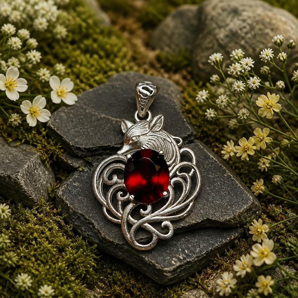 Garnet Nine Tailed Fox Pendant, 925 Sterling Silver Kitsune Fantasy Jewellery Celtic Dragon Jewellery