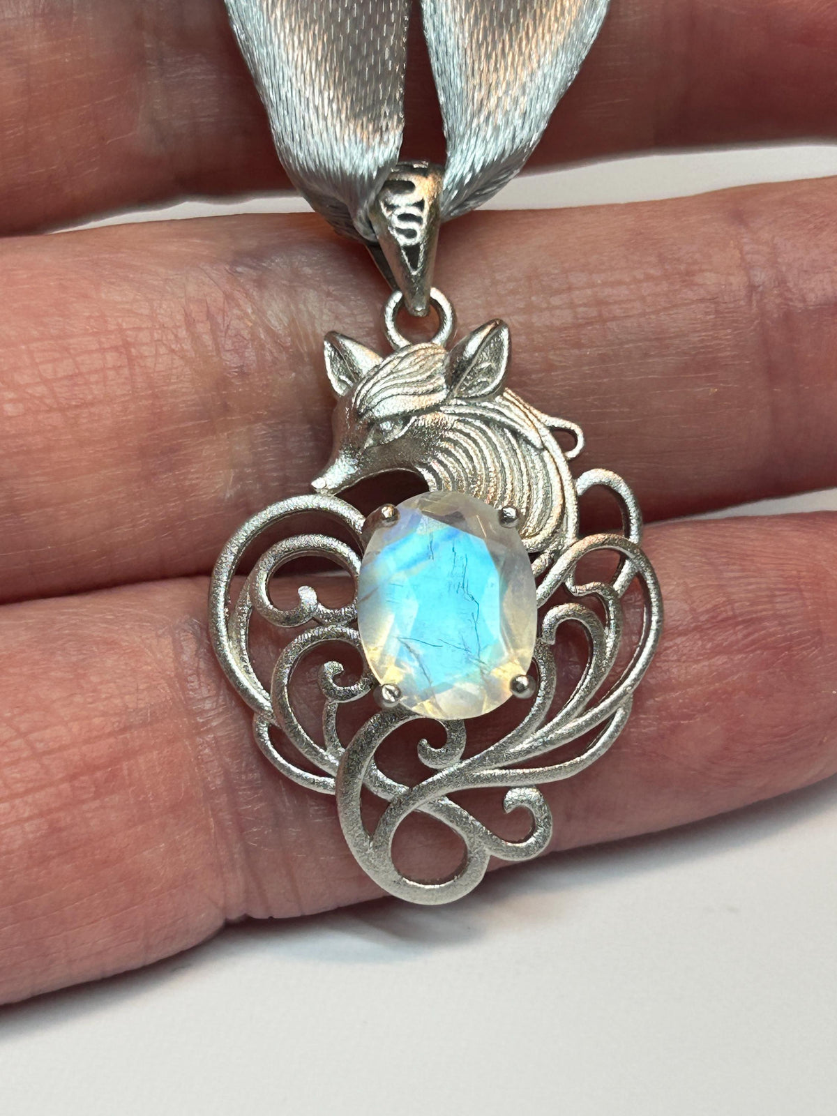 Nine Tailed Fox Pendant with Moonstone, White Labradorite - 925 Sterling Silver Kitsune Fantasy Jewellery Celtic Dragon Jewellery