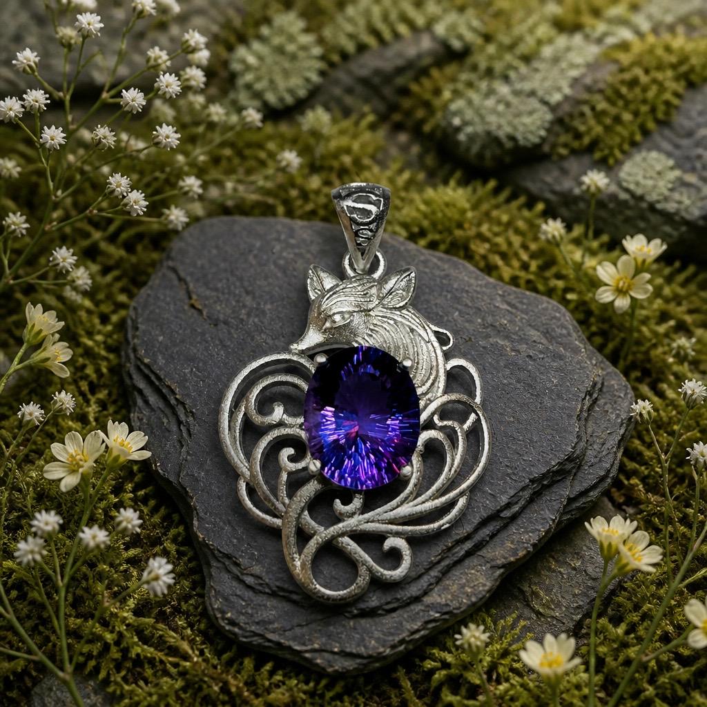 Nine Tailed Fox Pendant with Amethyst - 925 Sterling Silver Kitsune Fantasy Jewellery Celtic Dragon Jewellery