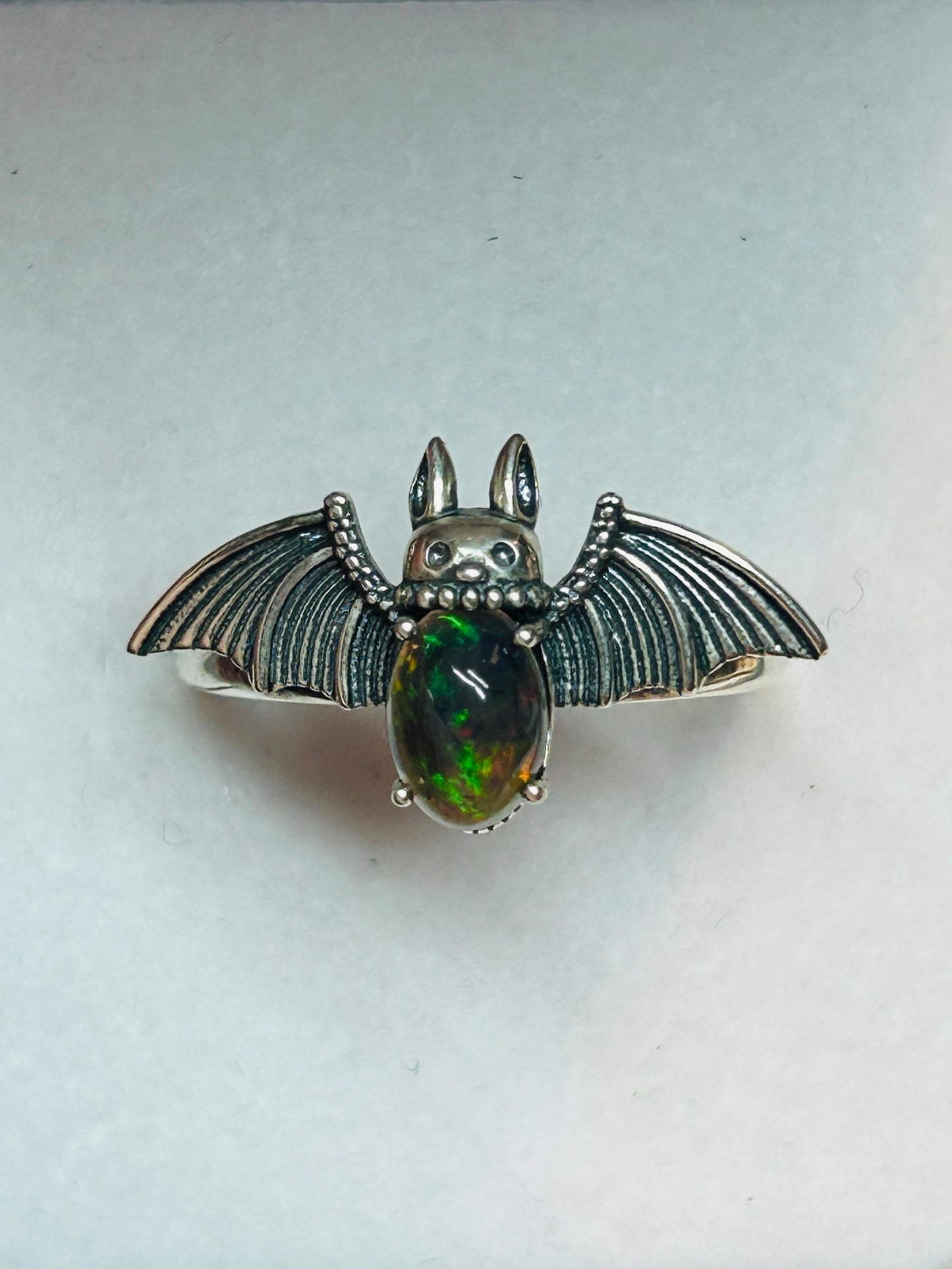 Black Opal Gothic Bat Ring, 925 Sterling Silver Winged Statement Ring Celtic Dragon Jewellery