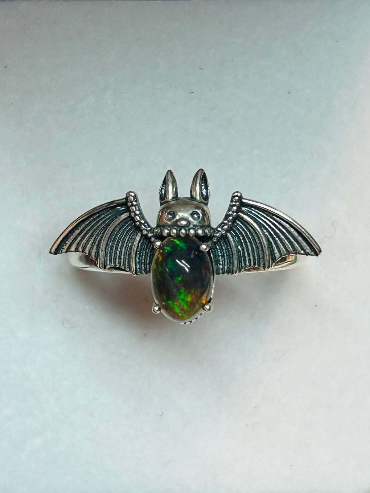 Black Opal Gothic Bat Ring, 925 Sterling Silver Winged Statement Ring Celtic Dragon Jewellery