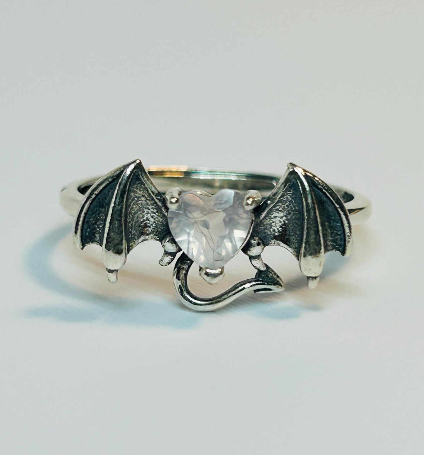 Gothic Bat Ring with Rose Quartz: 925 Sterling Silver Winged Statement Ring Celtic Dragon Jewellery