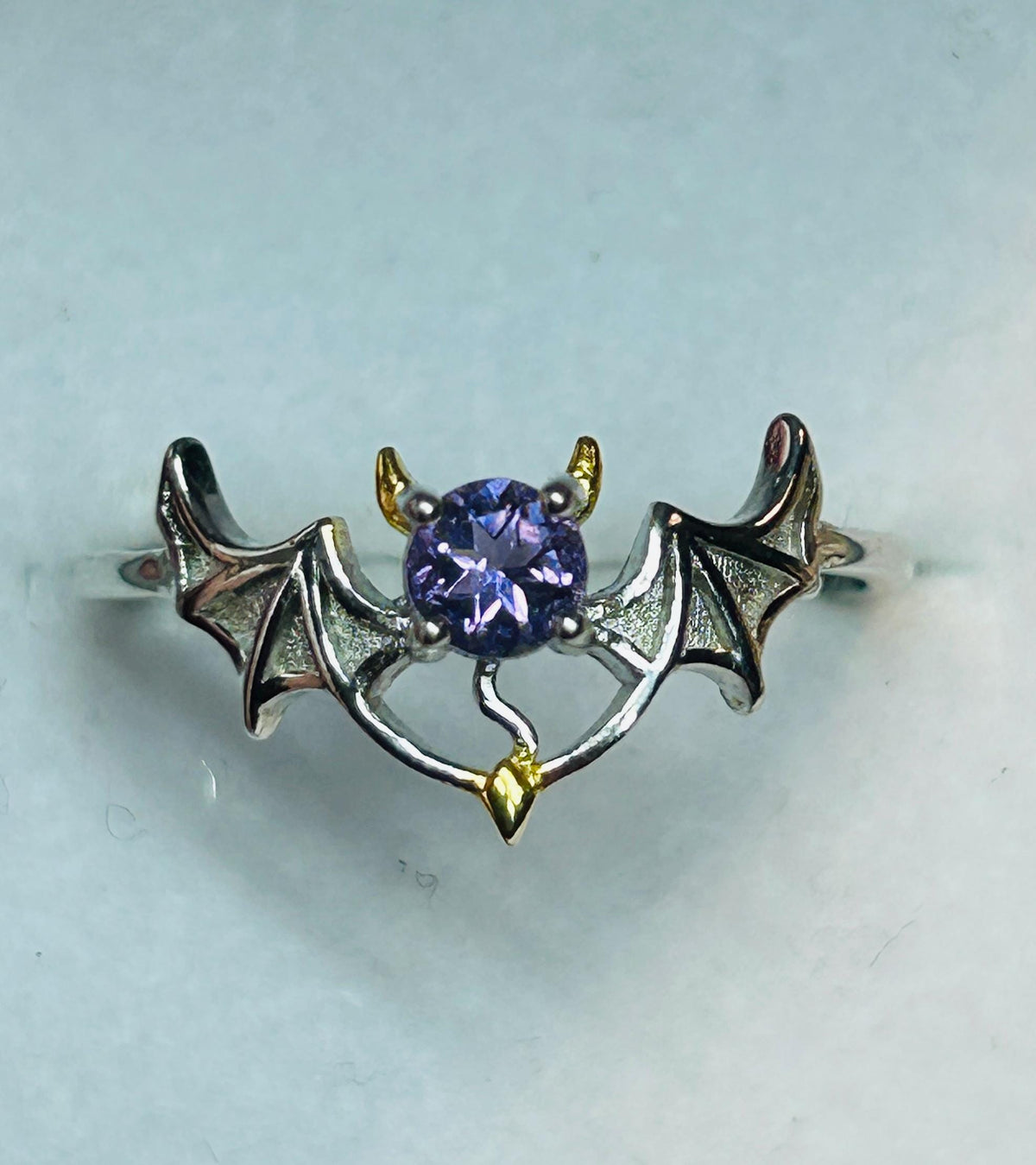 Gothic Bat Ring with Amethyst: 925 Sterling Silver Winged Statement Ring Celtic Dragon Jewellery