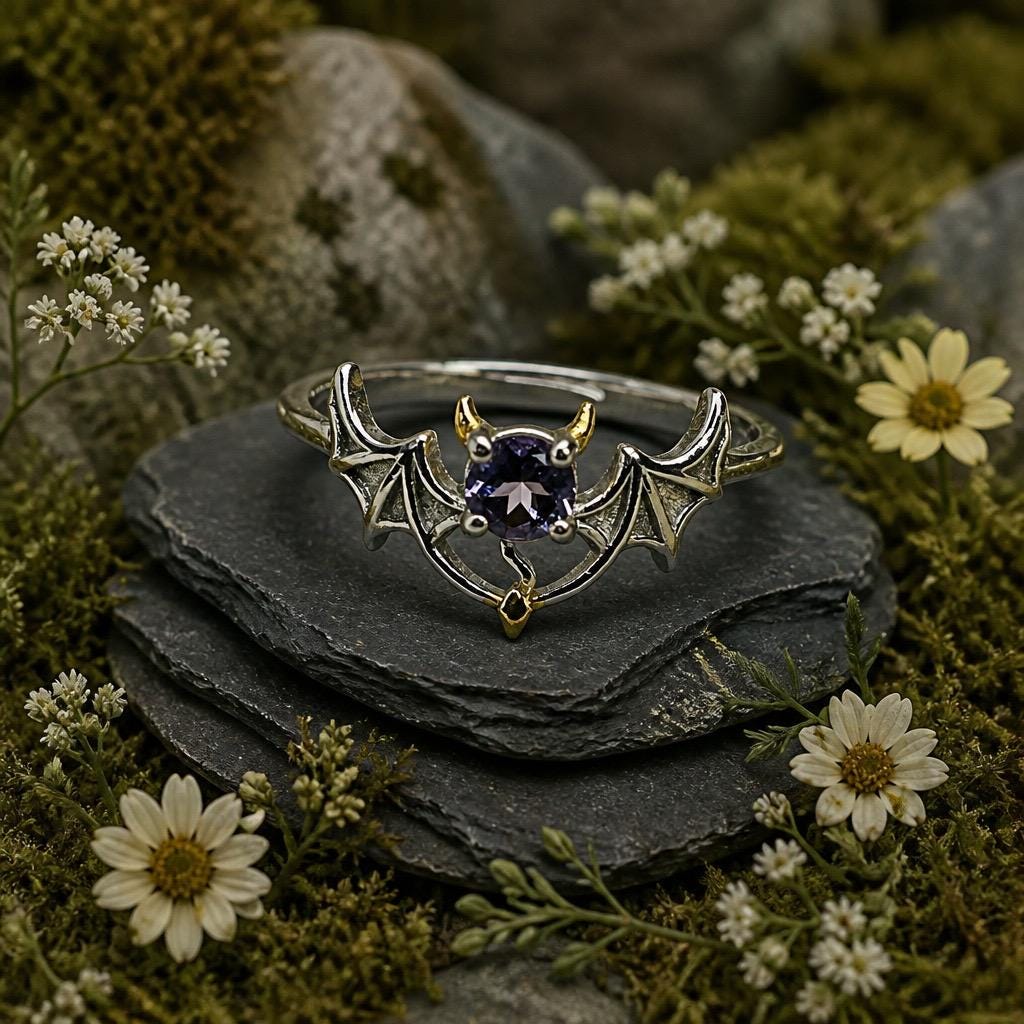 Gothic Bat Ring with Amethyst: 925 Sterling Silver Winged Statement Ring Celtic Dragon Jewellery