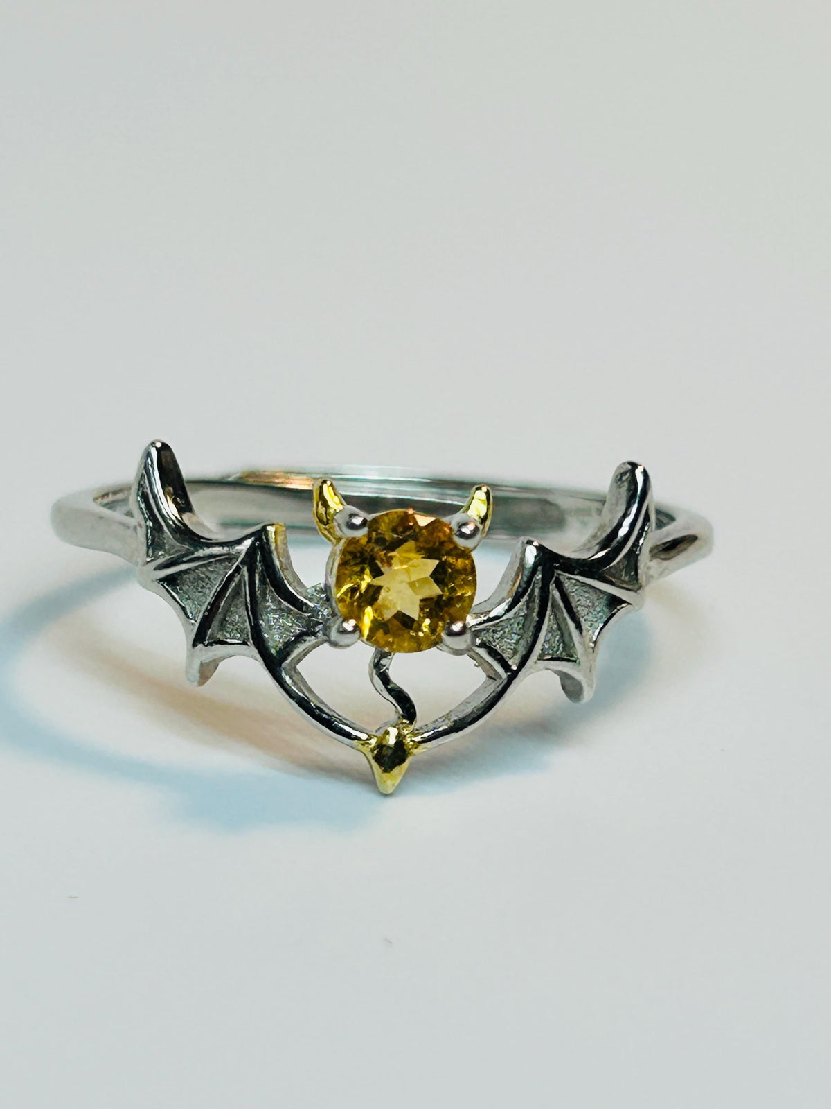 Gothic Bat Ring with Citrine: 925 Sterling Silver Winged Statement Ring Celtic Dragon Jewellery