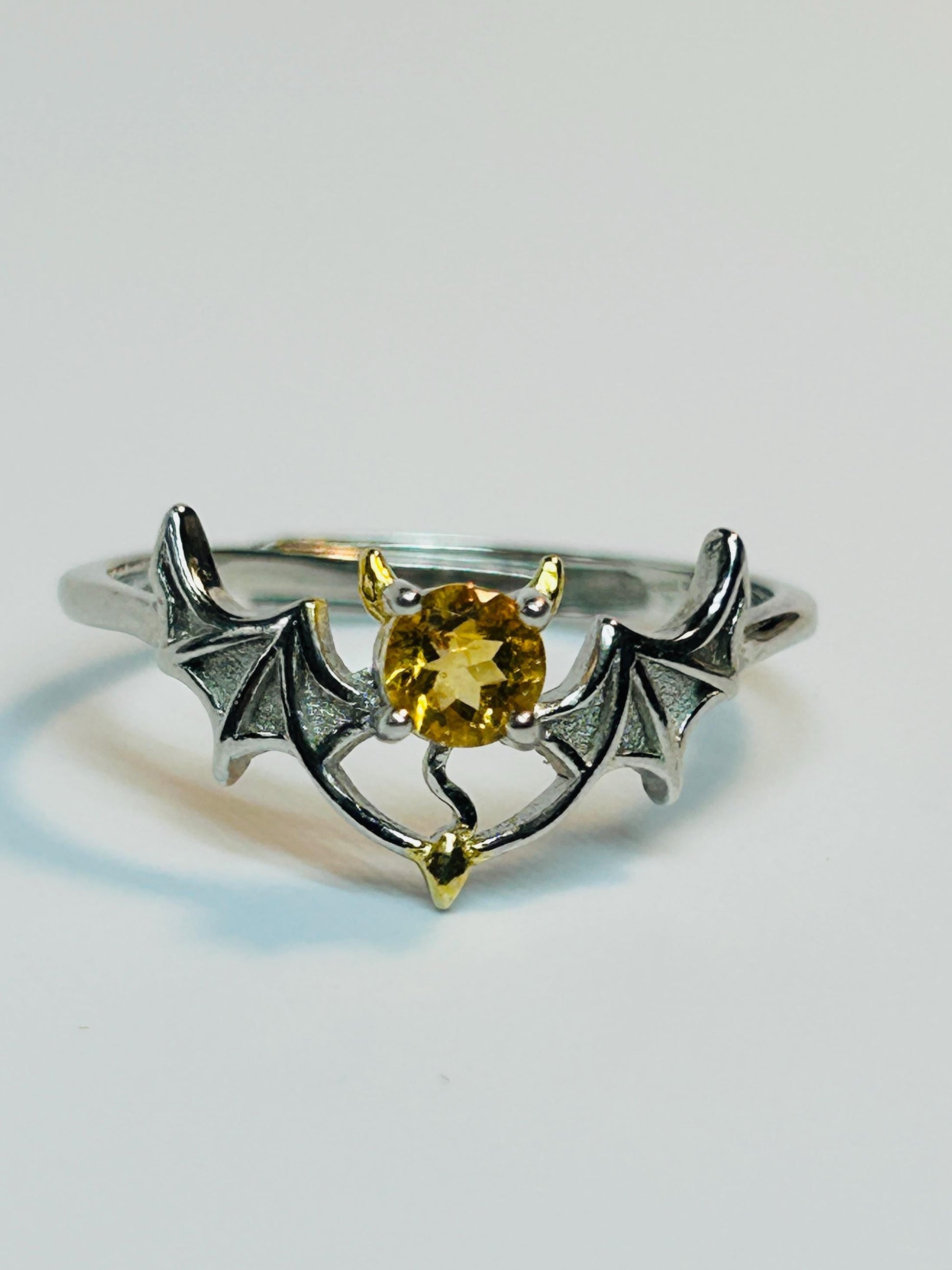 Gothic Bat Ring with Citrine: 925 Sterling Silver Winged Statement Ring Celtic Dragon Jewellery