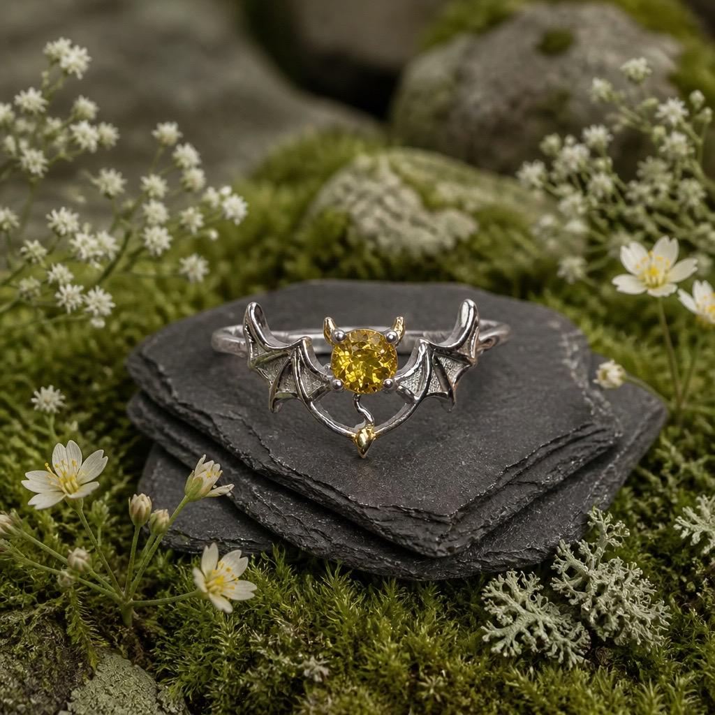 Gothic Bat Ring with Citrine: 925 Sterling Silver Winged Statement Ring Celtic Dragon Jewellery