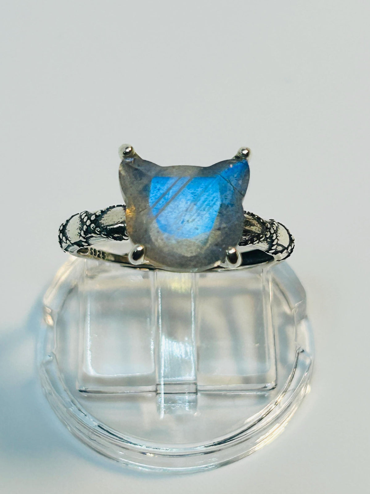 Cat Ring: 925 Sterling Silver with Labradorite Gemstone - Feline Jewellery Celtic Dragon Jewellery