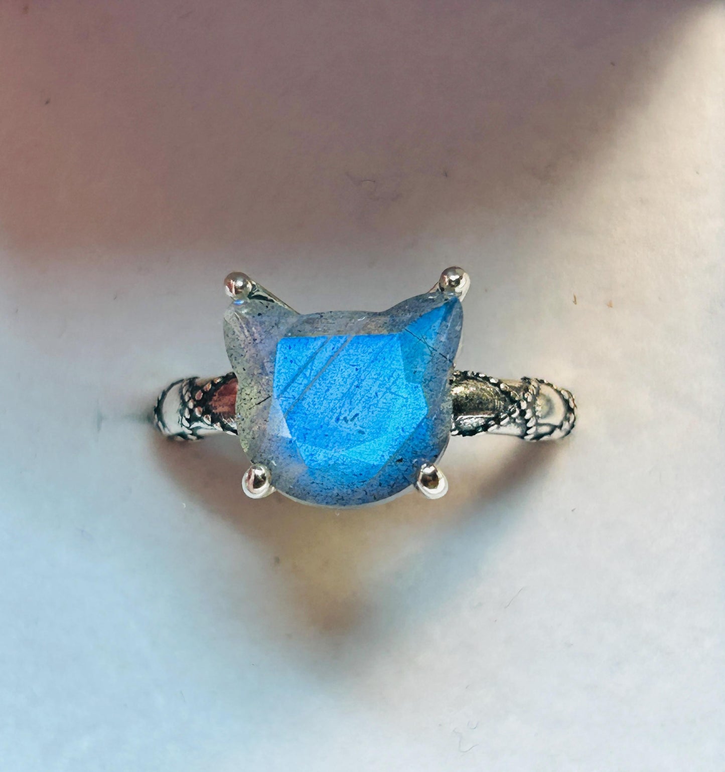 Cat Ring: 925 Sterling Silver with Labradorite Gemstone - Feline Jewellery Celtic Dragon Jewellery