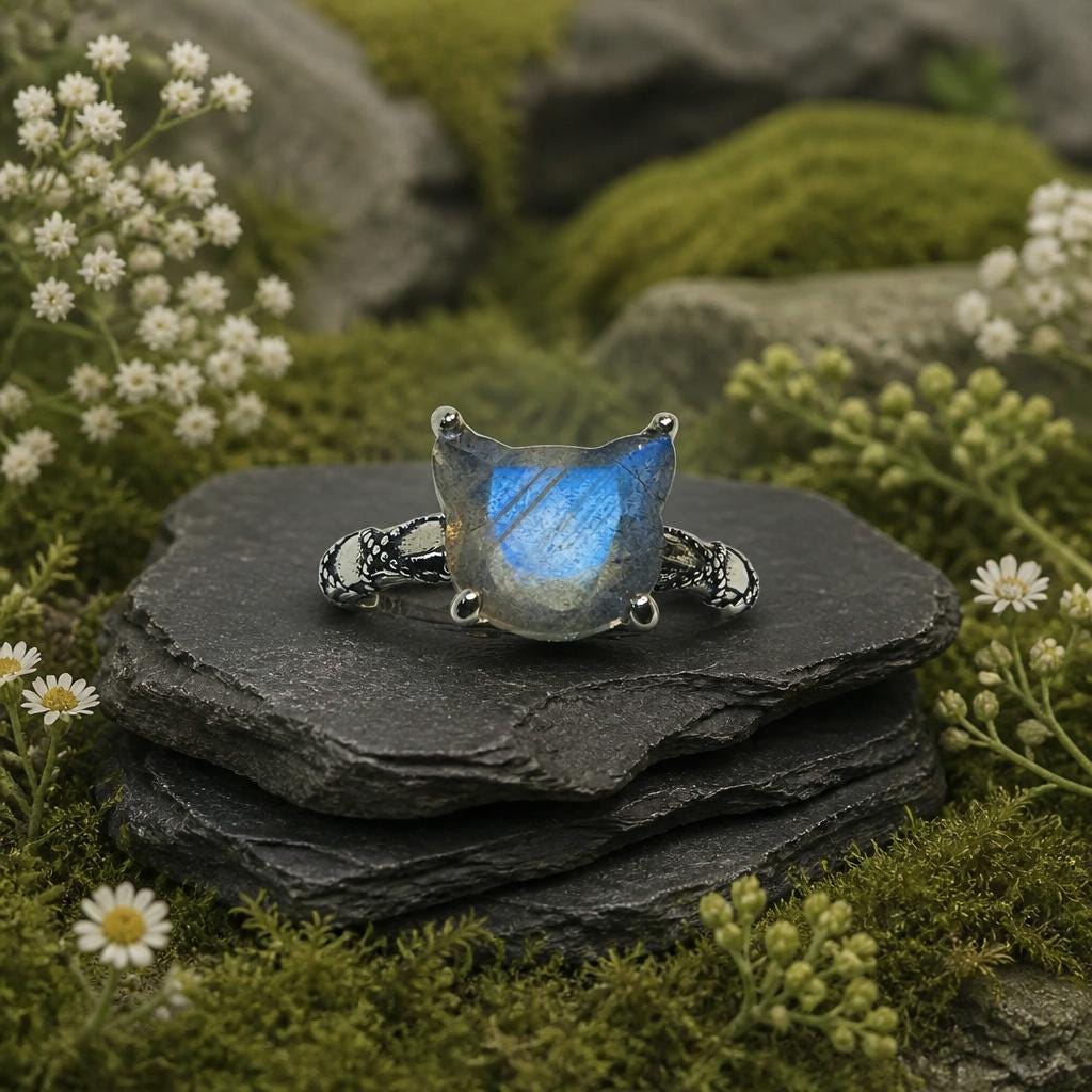 Cat Ring: 925 Sterling Silver with Labradorite Gemstone - Feline Jewellery Celtic Dragon Jewellery