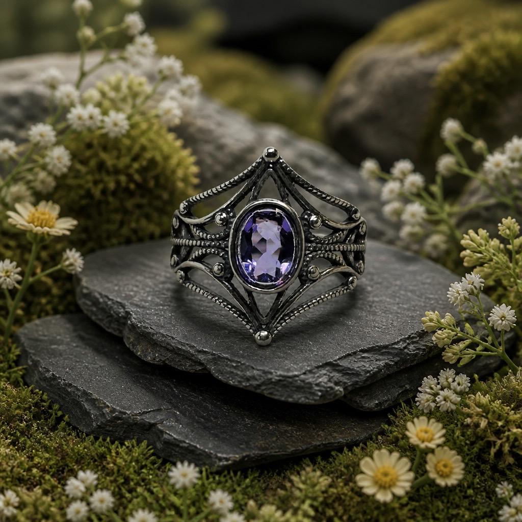 Gothic Amethyst Ring: 925 Sterling Silver, Witchy Statement Jewellery Celtic Dragon Jewellery