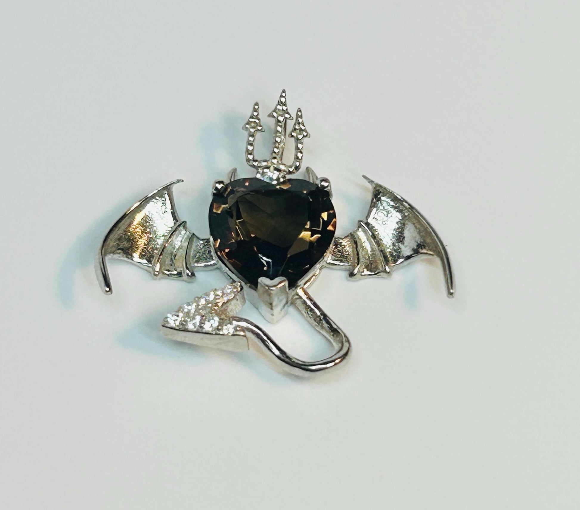Smoky Quartz Bat Pendant: 925 Sterling Silver, Trident Devil Tail Jewellery Celtic Dragon Jewellery