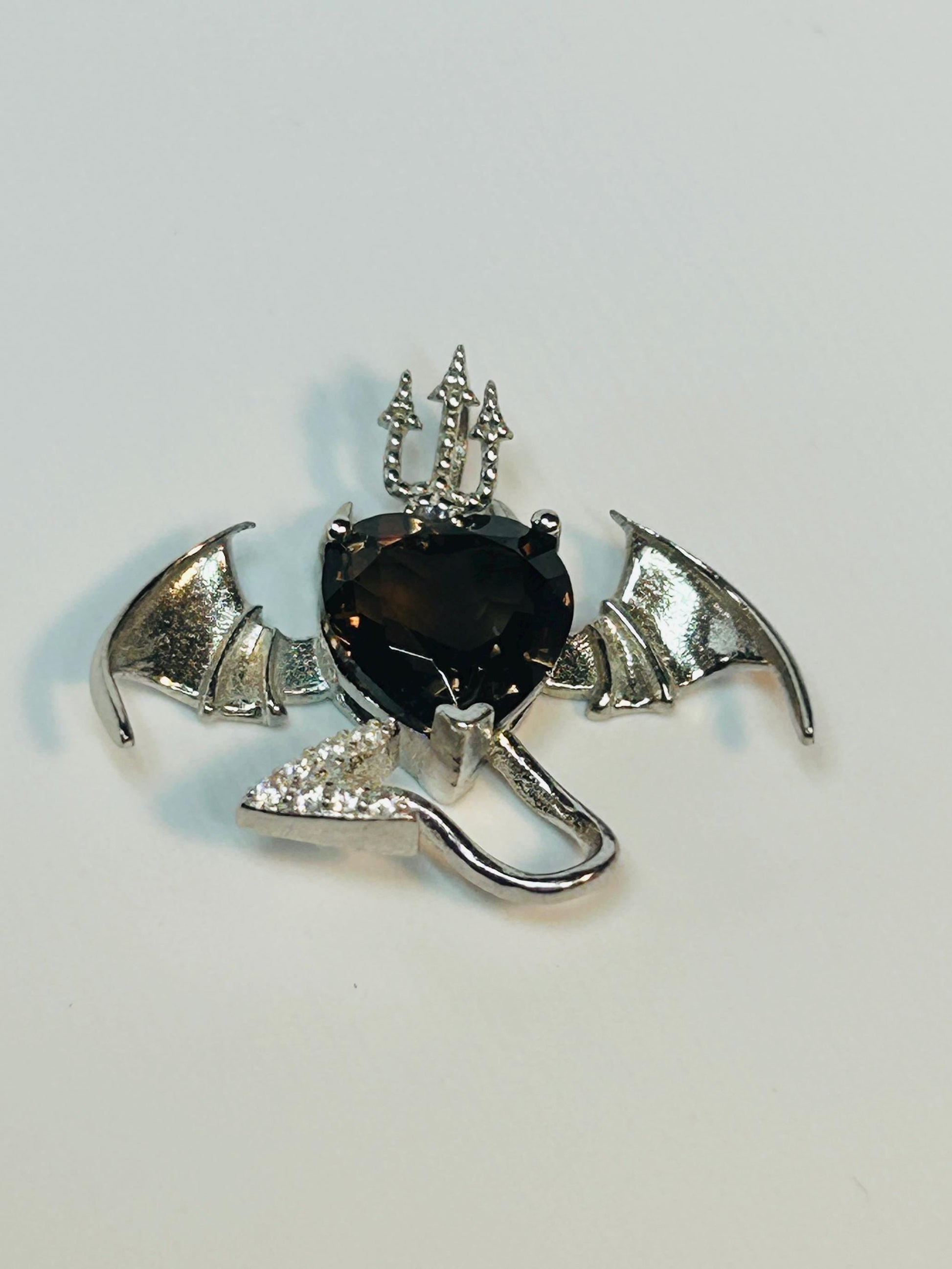 Smoky Quartz Bat Pendant: 925 Sterling Silver, Trident Devil Tail Jewellery Celtic Dragon Jewellery