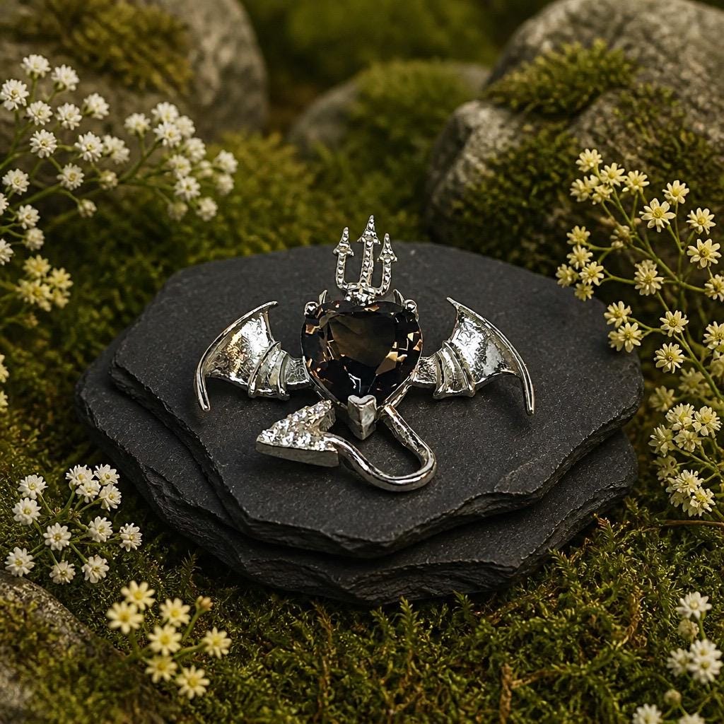 Smoky Quartz Bat Pendant: 925 Sterling Silver, Trident Devil Tail Jewellery Celtic Dragon Jewellery