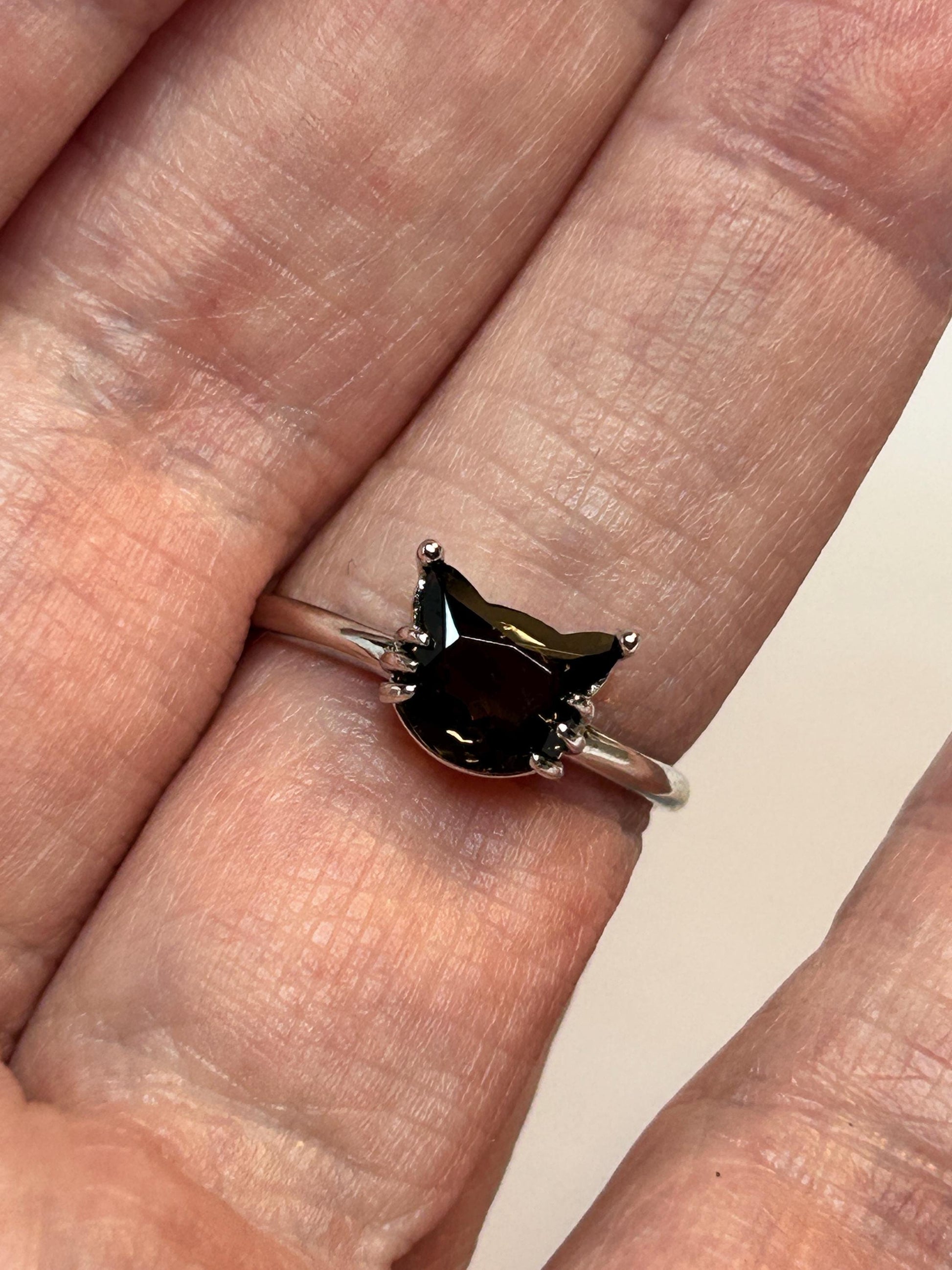 Smoky Quartz Cat Ring – Sterling Silver Adjustable Band, Gothic Mystical Design Celtic Dragon Jewellery
