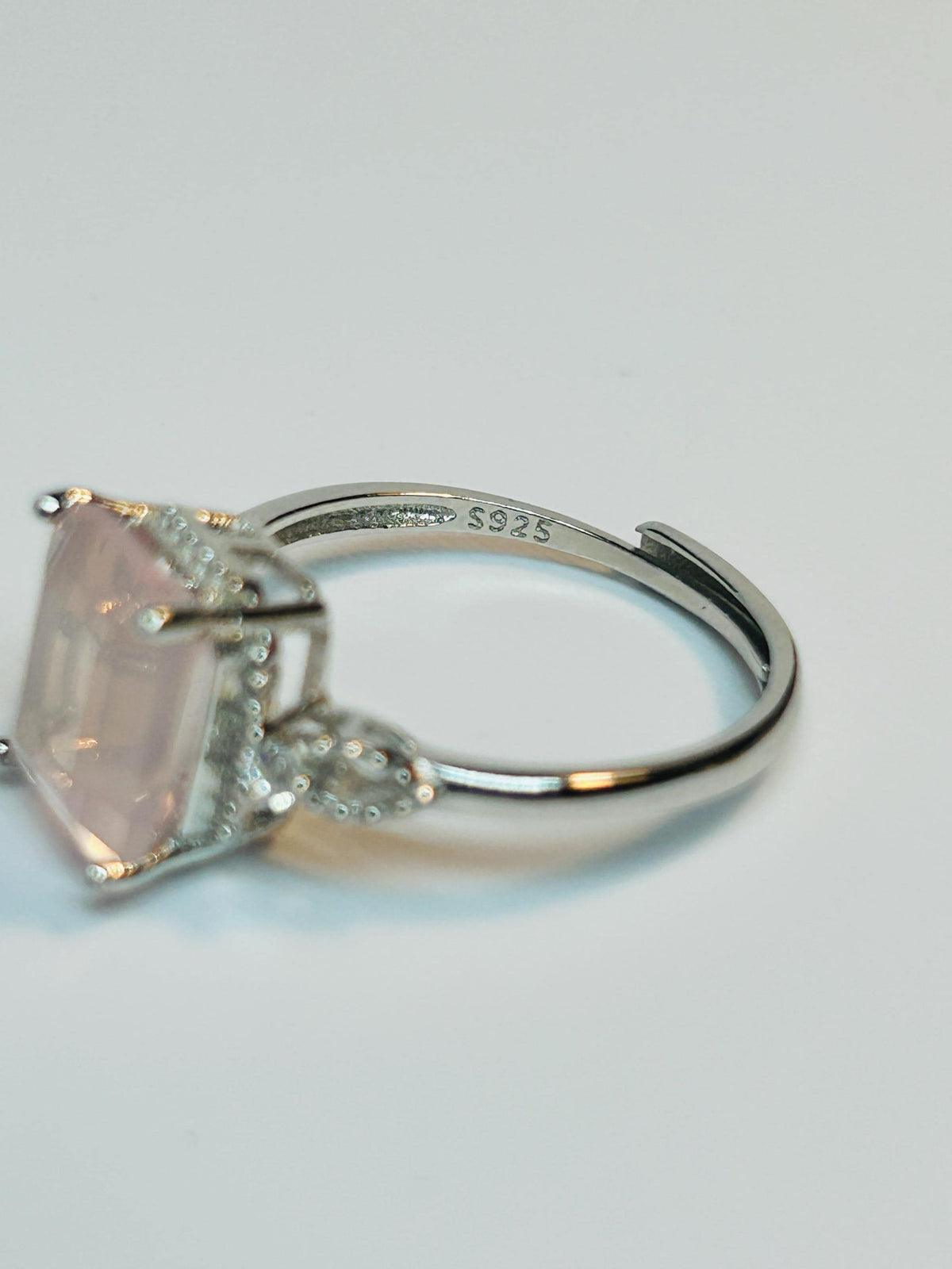Rose Quartz Ring, 925 Sterling Silver - Rectangular Gemstone with CZ Accents Celtic Dragon Jewellery