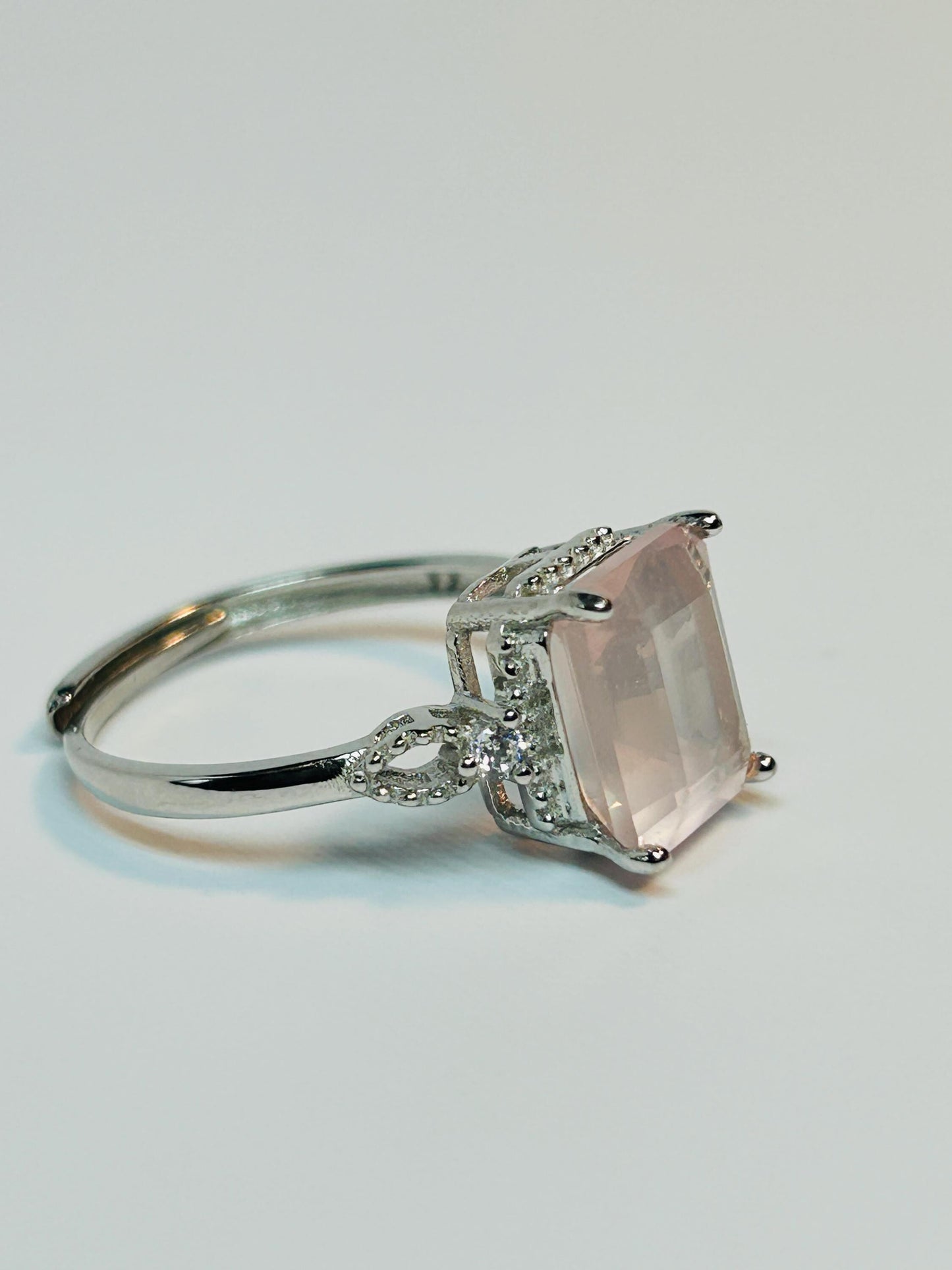 Rose Quartz Ring, 925 Sterling Silver - Rectangular Gemstone with CZ Accents Celtic Dragon Jewellery