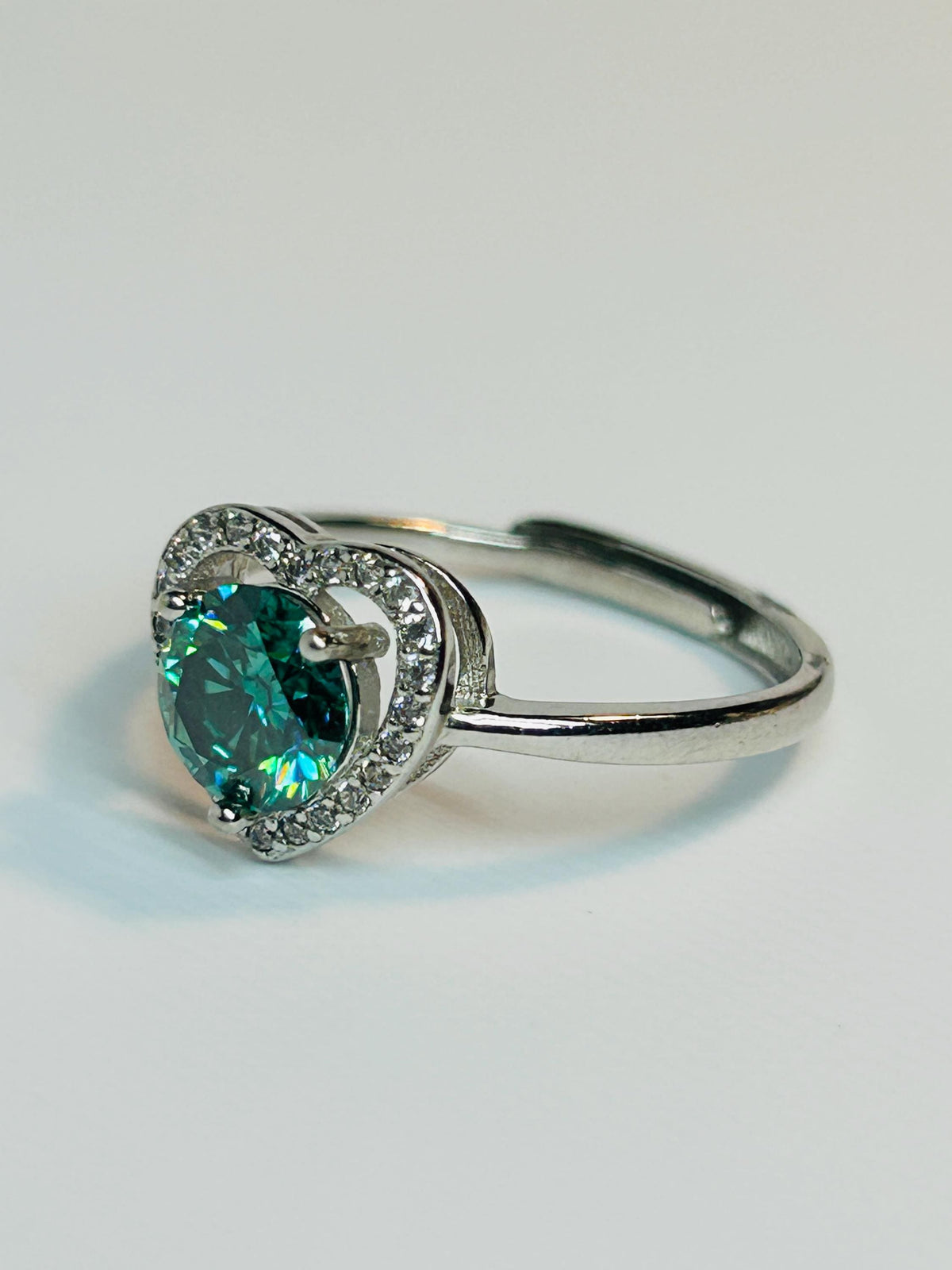 Green Moissanite Ring, Round Stone Open Heart CZ - Adjustable 925 Sterling Silver Celtic Dragon Jewellery