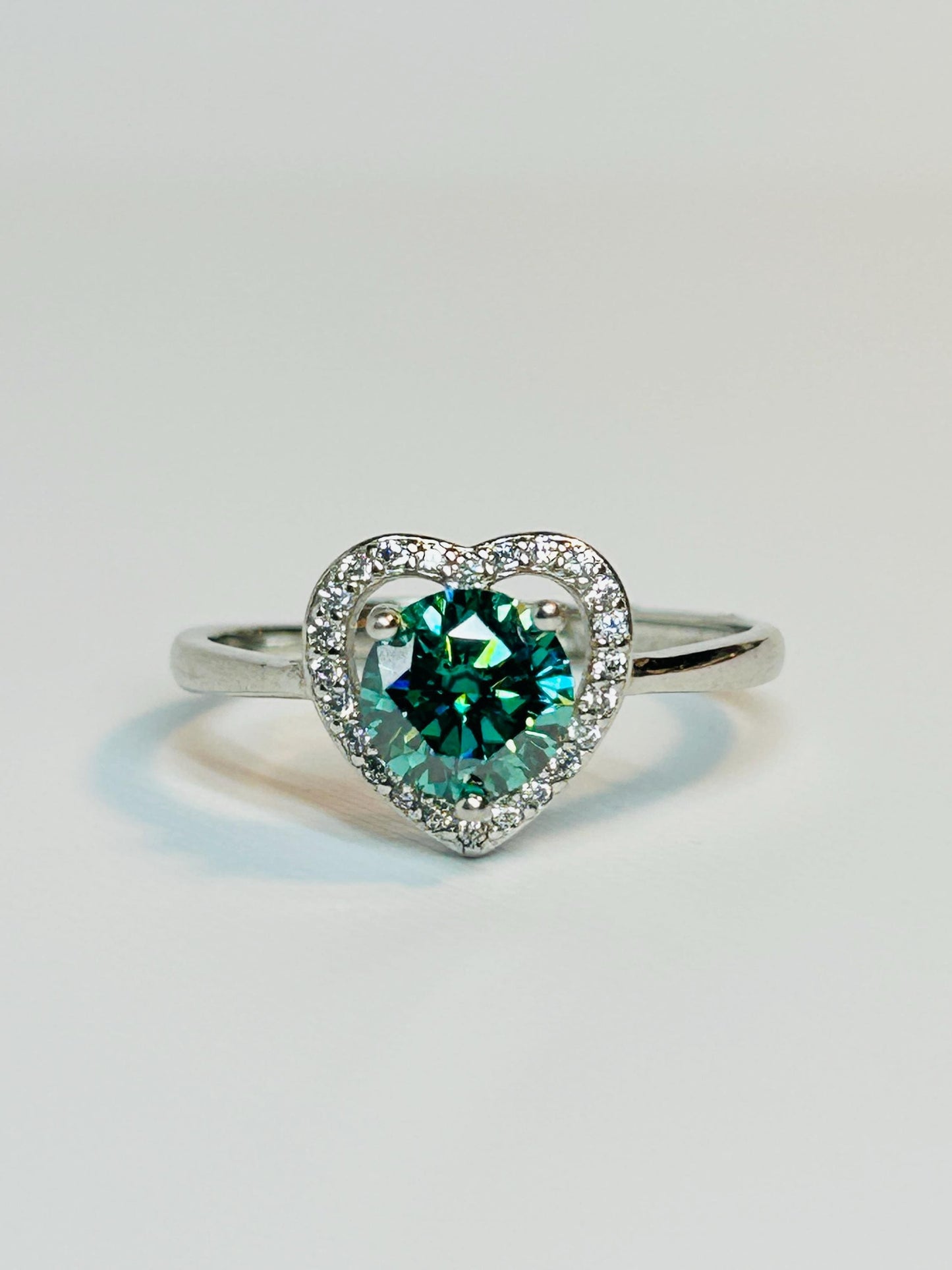 Green Moissanite Ring, Round Stone Open Heart CZ - Adjustable 925 Sterling Silver Celtic Dragon Jewellery
