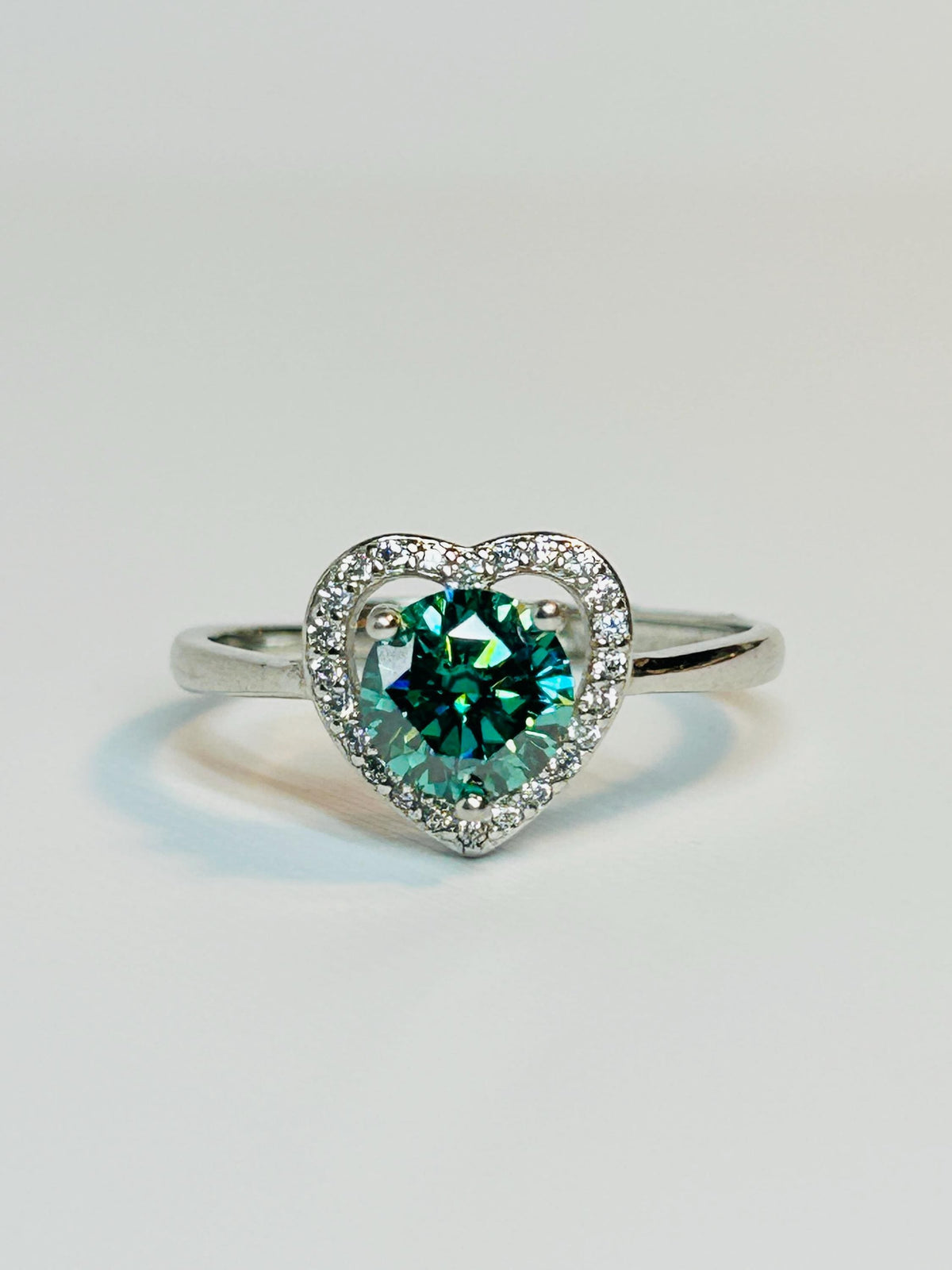Green Moissanite Ring, Round Stone Open Heart CZ - Adjustable 925 Sterling Silver Celtic Dragon Jewellery