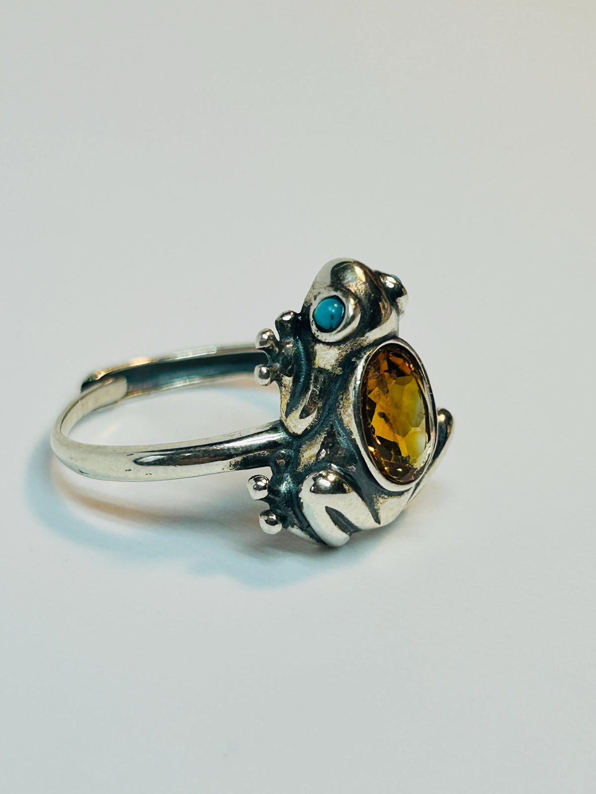 Citrine Frog Ring, 925 Sterling Silver with Turquoise Eyes - Adjustable Band Celtic Dragon Jewellery