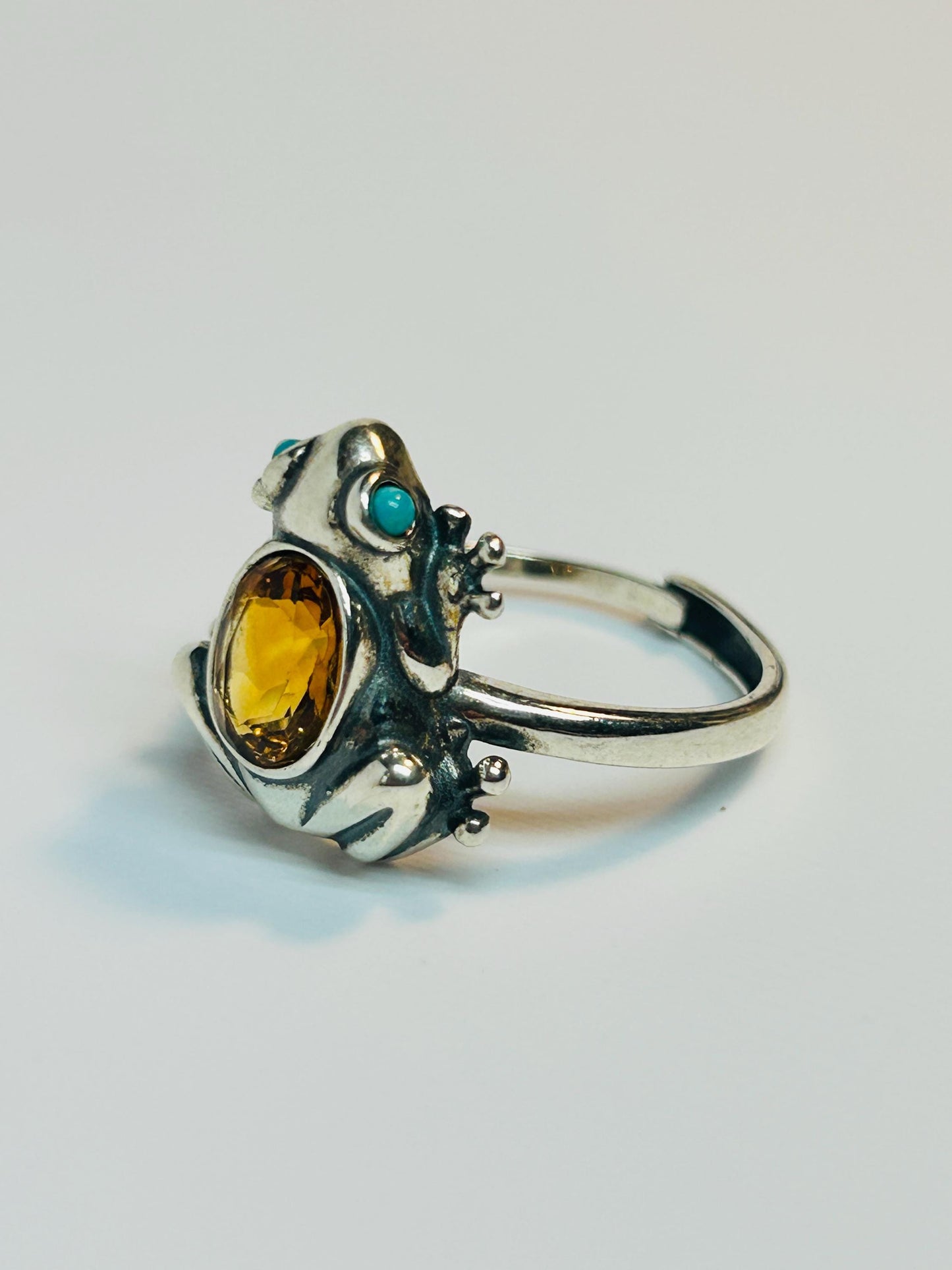 Citrine Frog Ring, 925 Sterling Silver with Turquoise Eyes - Adjustable Band Celtic Dragon Jewellery