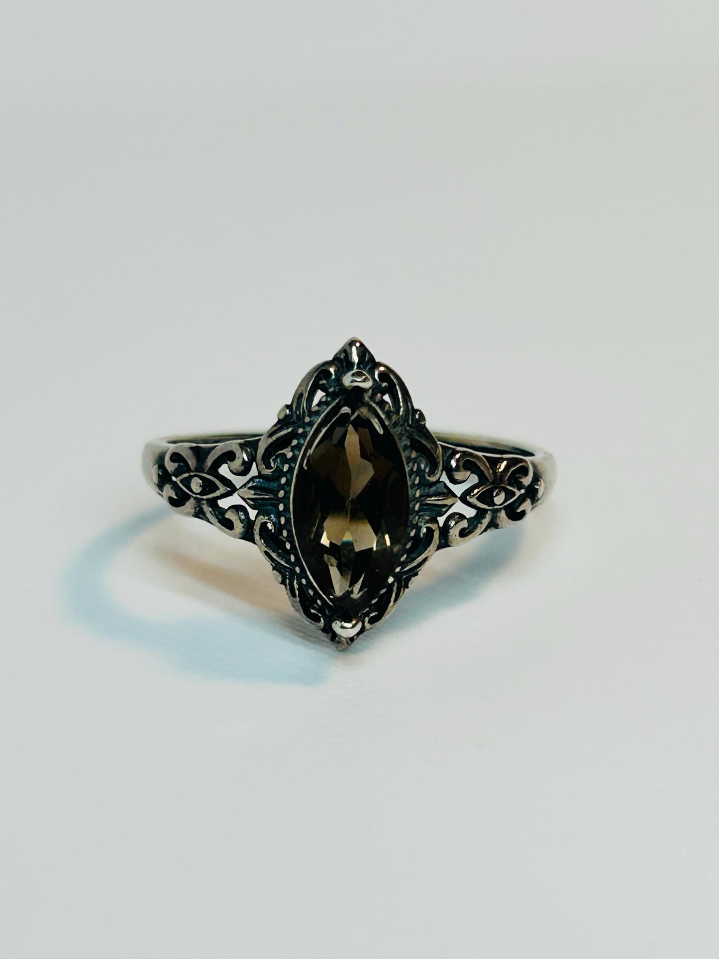 Smoky Quartz Marquise Ring in 925 Sterling Silver - Adjustable Victorian Style Jewellery Celtic Dragon Jewellery