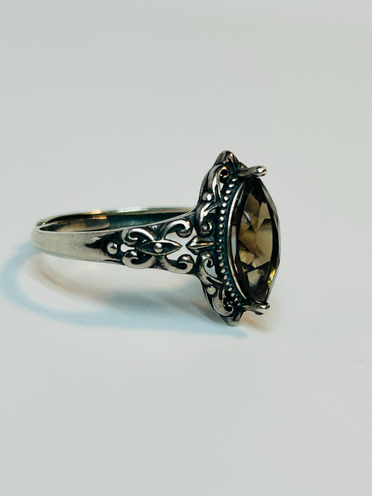 Smoky Quartz Marquise Ring in 925 Sterling Silver - Adjustable Victorian Style Jewellery Celtic Dragon Jewellery