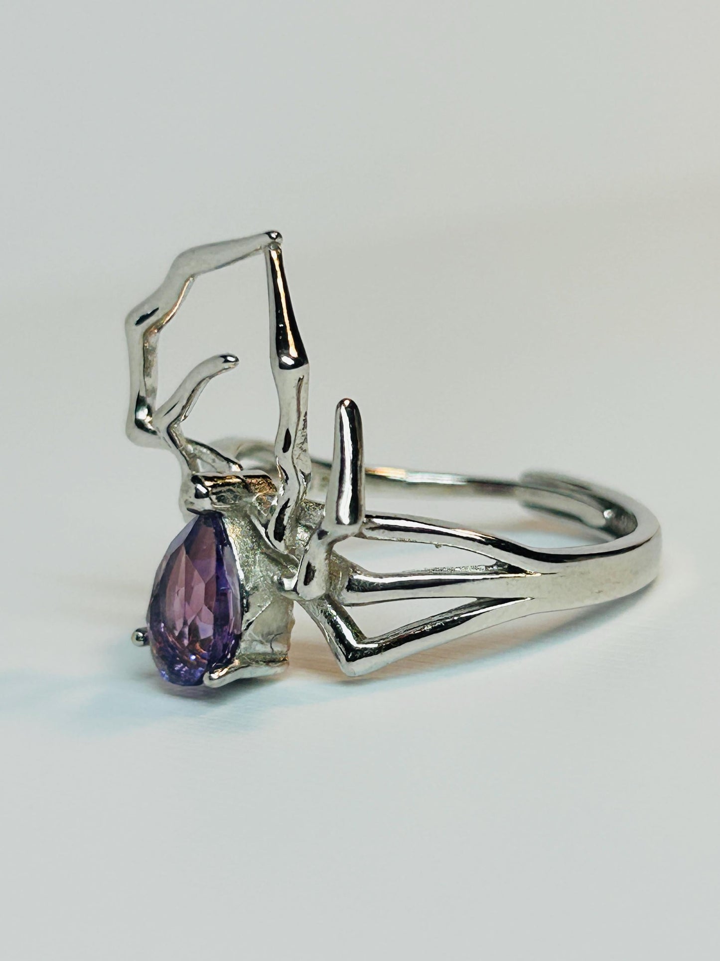 Spider Ring with Amethyst in 925 Sterling Silver & Adjustable Band Celtic Dragon Jewellery