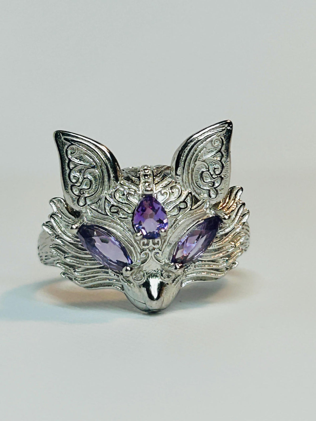Fox Ring with Amethyst - 925 Sterling Silver - Adjustable Woodland Jewellery