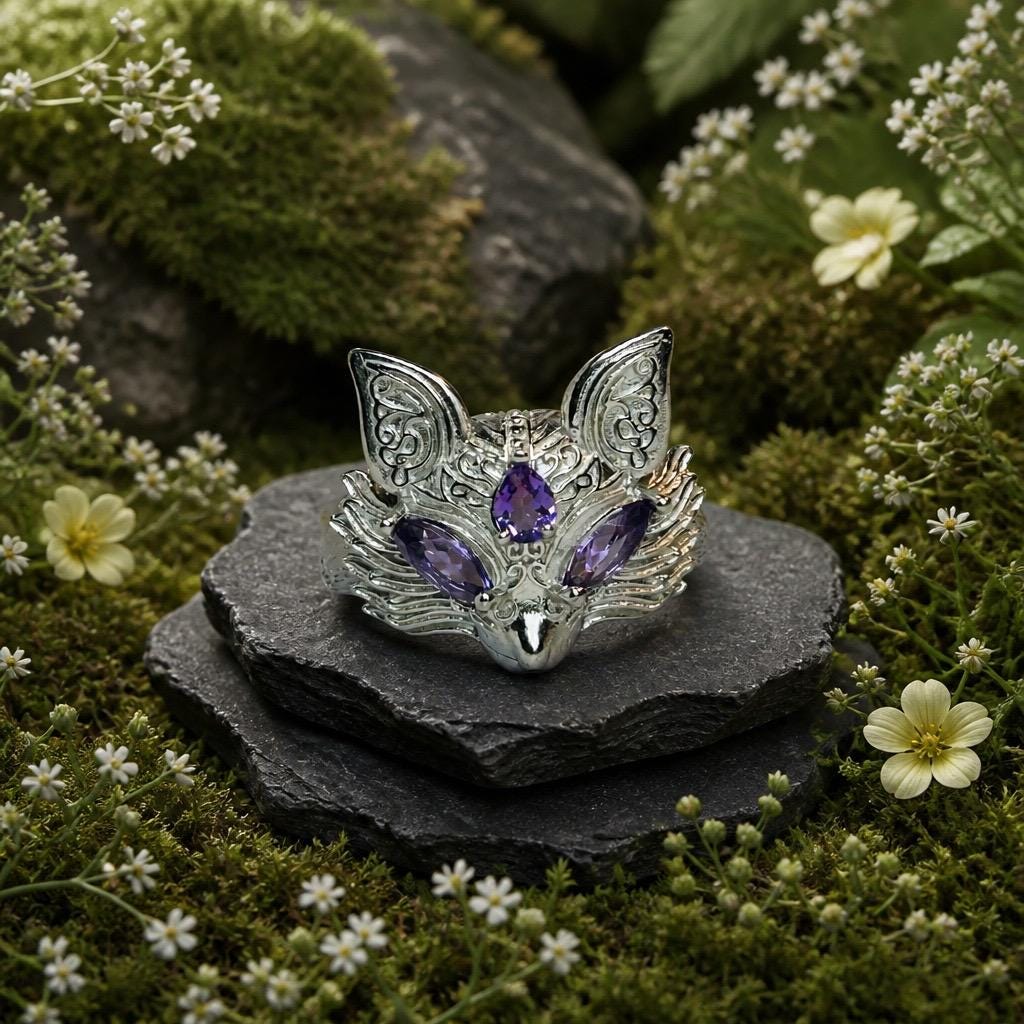 Fox Ring with Amethyst - 925 Sterling Silver - Adjustable Woodland Jewellery Celtic Dragon Jewellery
